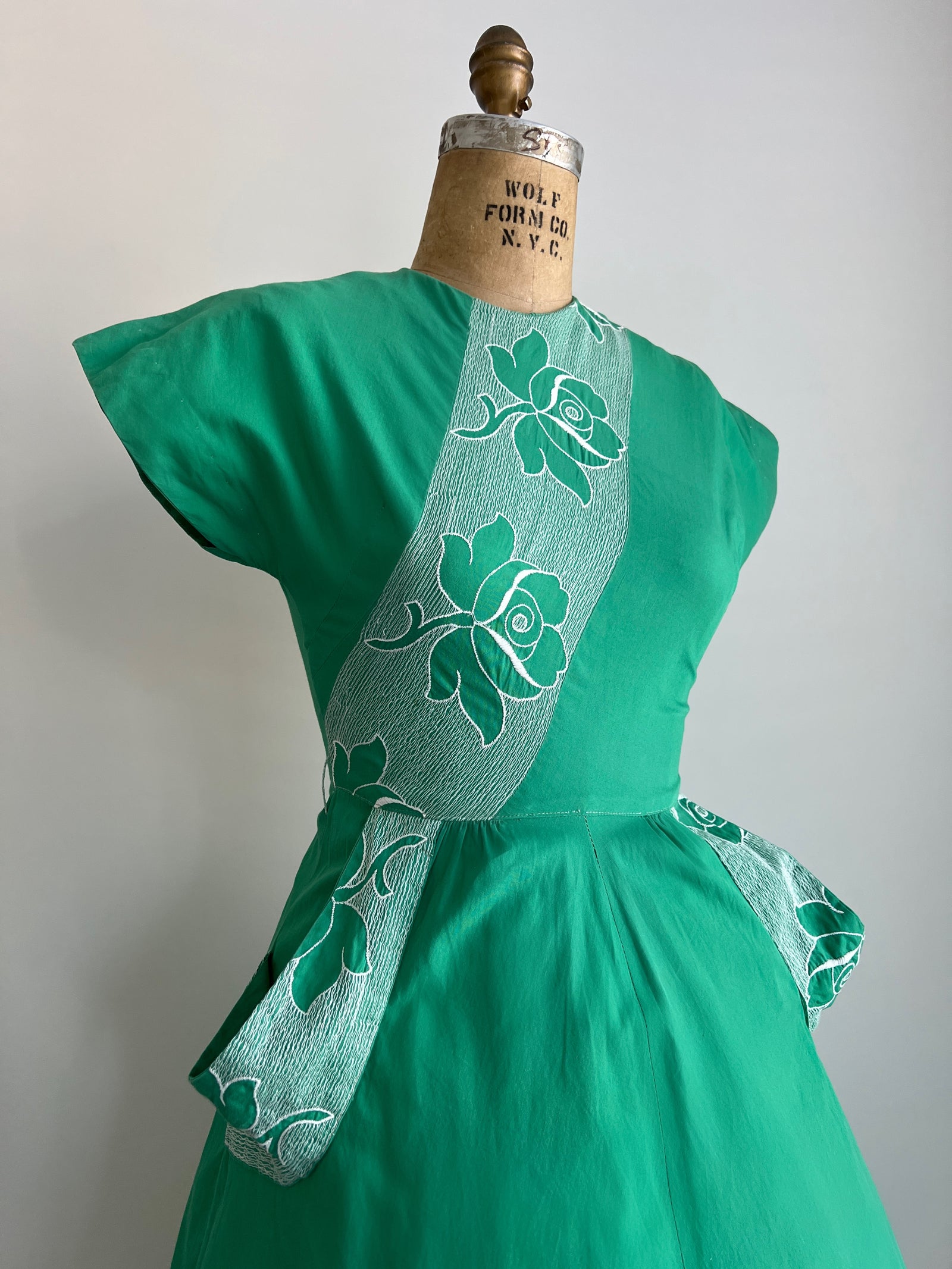 Vintage 1950s 50s/60s Kelly Green Rose Dress / XS-S