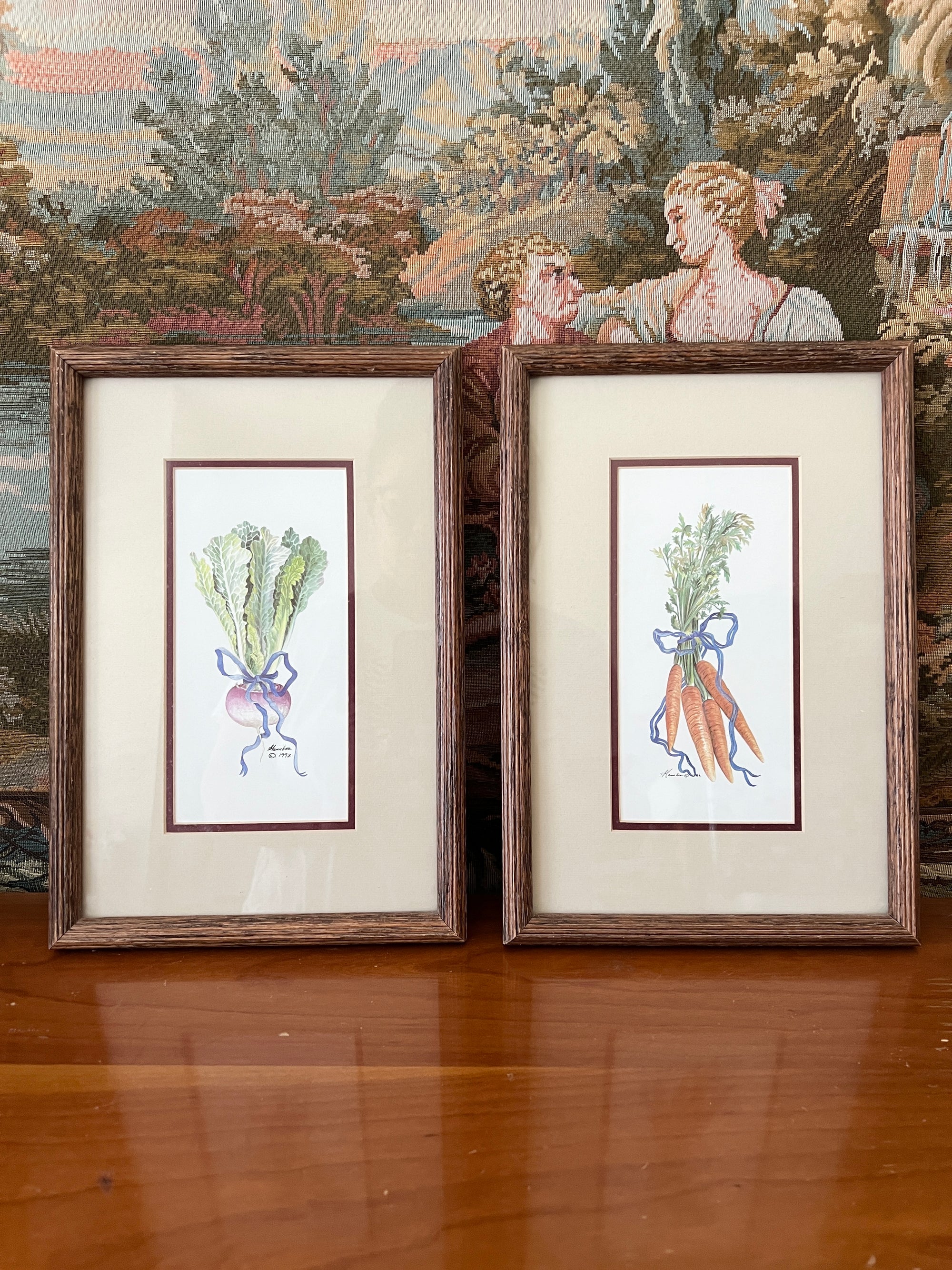 Vintage Set of Consuelo Gamboa Framed Prints Vegetable Turnip Carrots 1992 Signed