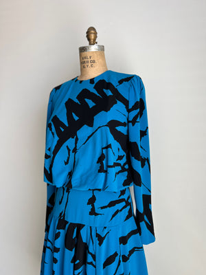 1980s 80s Vintage Nuit Blue Abstract Flowy Dress / Small-Medium