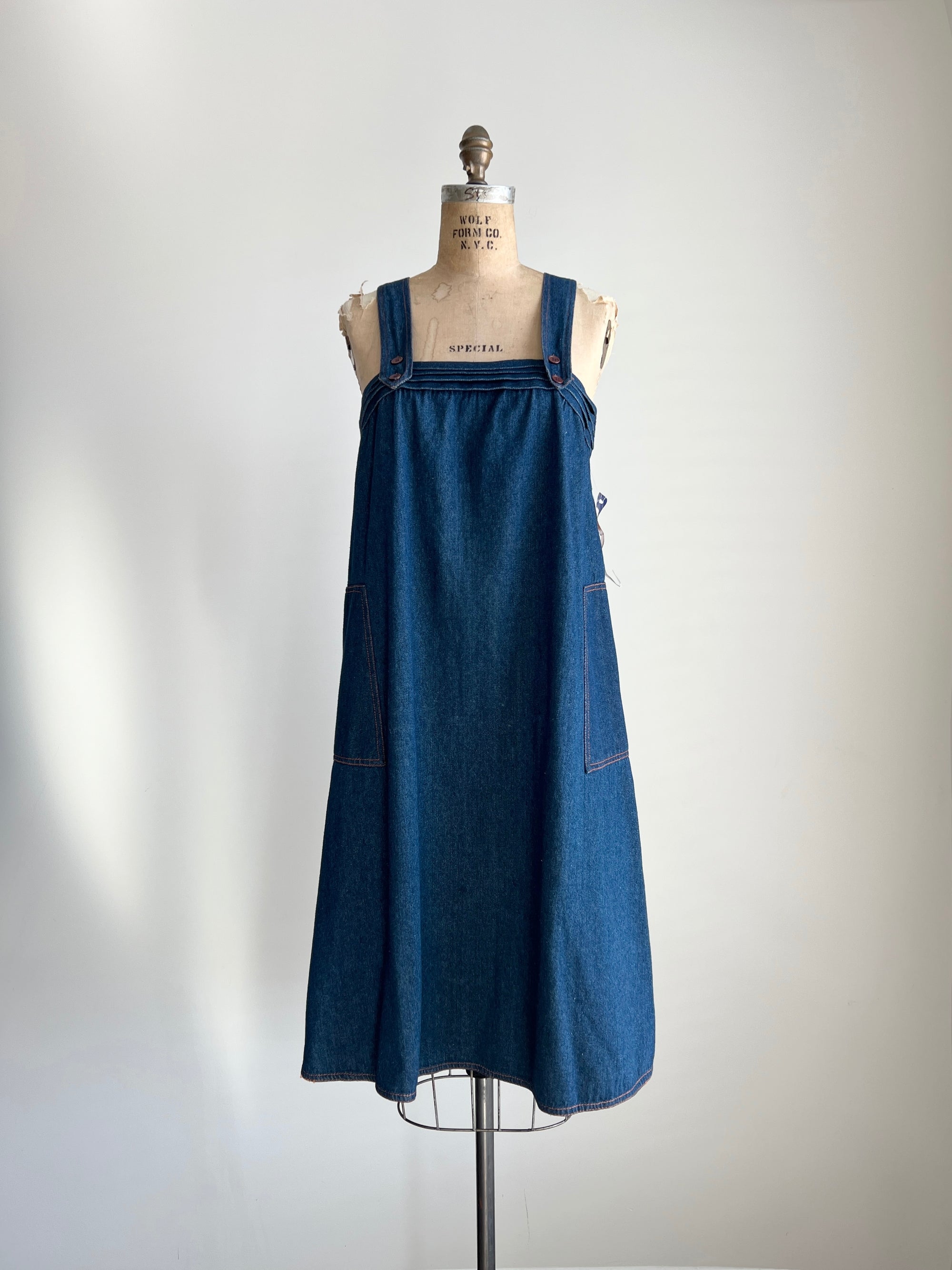 Vintage 1980s 80s Miss Joni of California Denim A-Line Jumper Dress Dead-stock / S/M