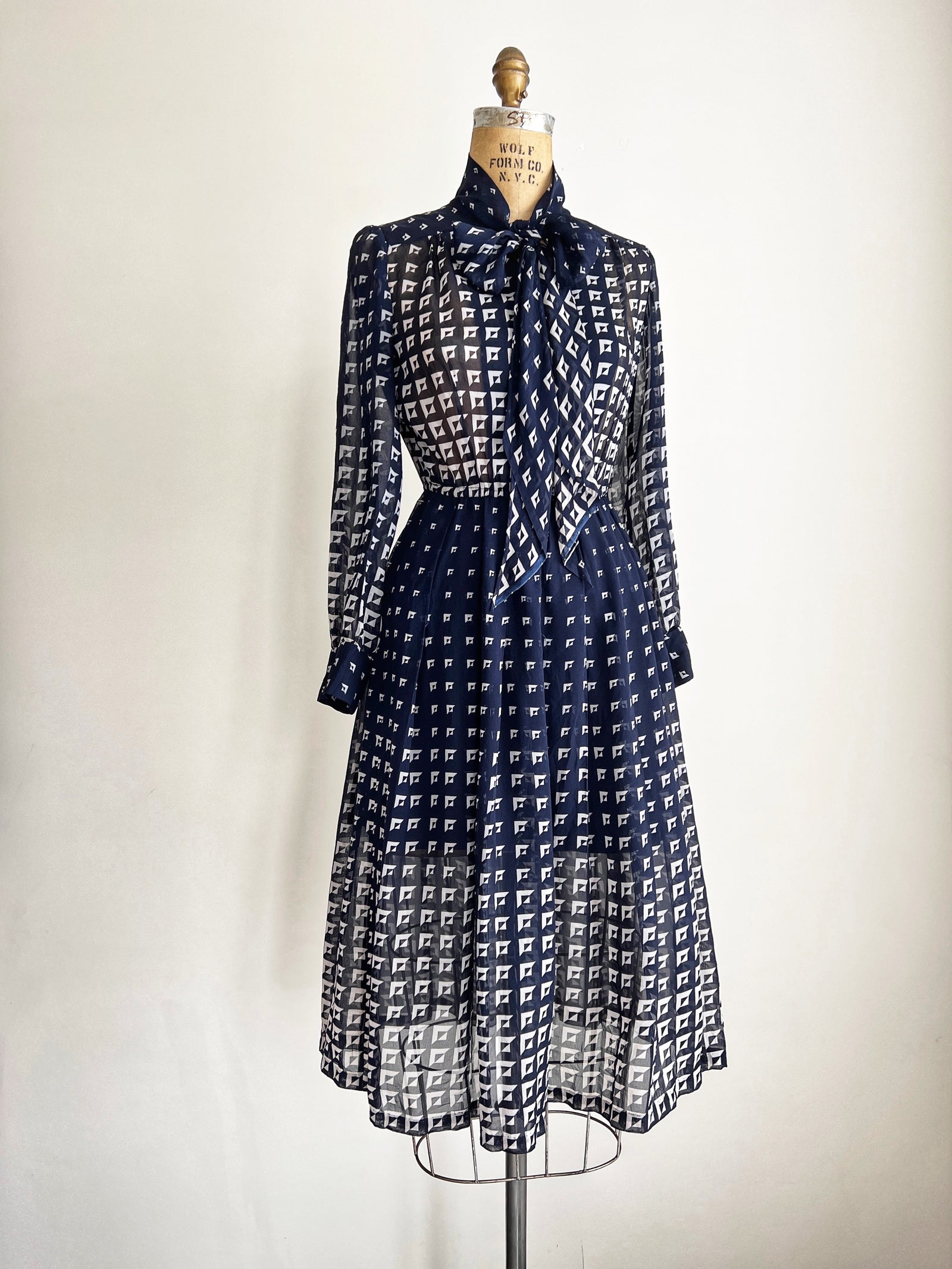 1970s Navy Blue Semi-Sheer Midi Dress / Small-Medium