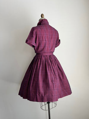 1950 50s Vintage Plaid Dress with Matching Belt / Large