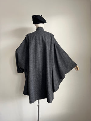 1980s 80s VIntage 100% Marino Wool Grey Cape Coat with Gorgeous Drapping