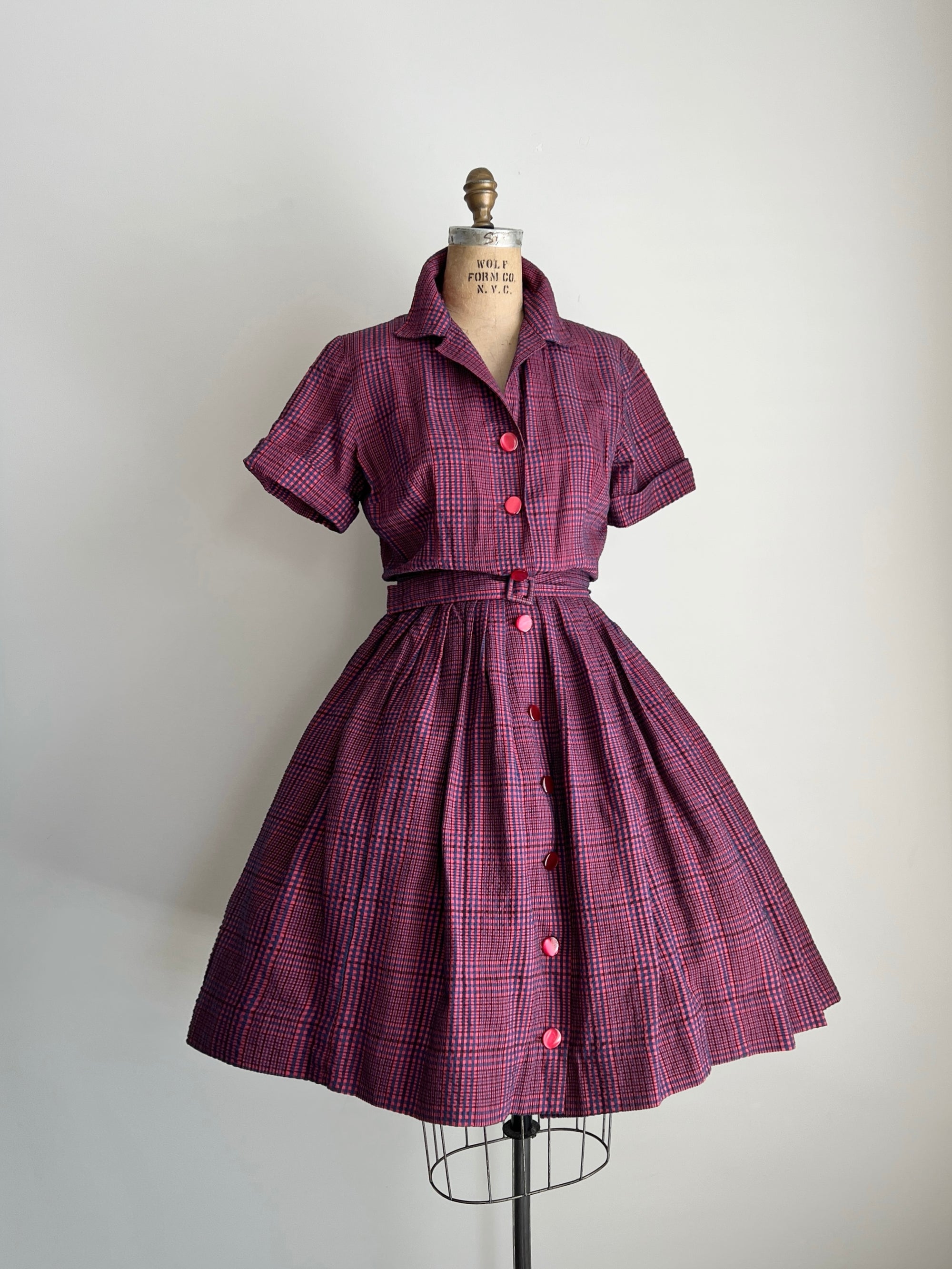 1950 50s Vintage Plaid Dress with Matching Belt / Large