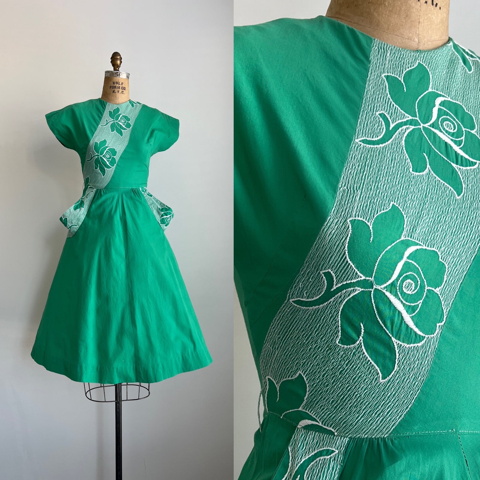 Vintage 1950s 50s/60s Kelly Green Rose Dress / XS-S