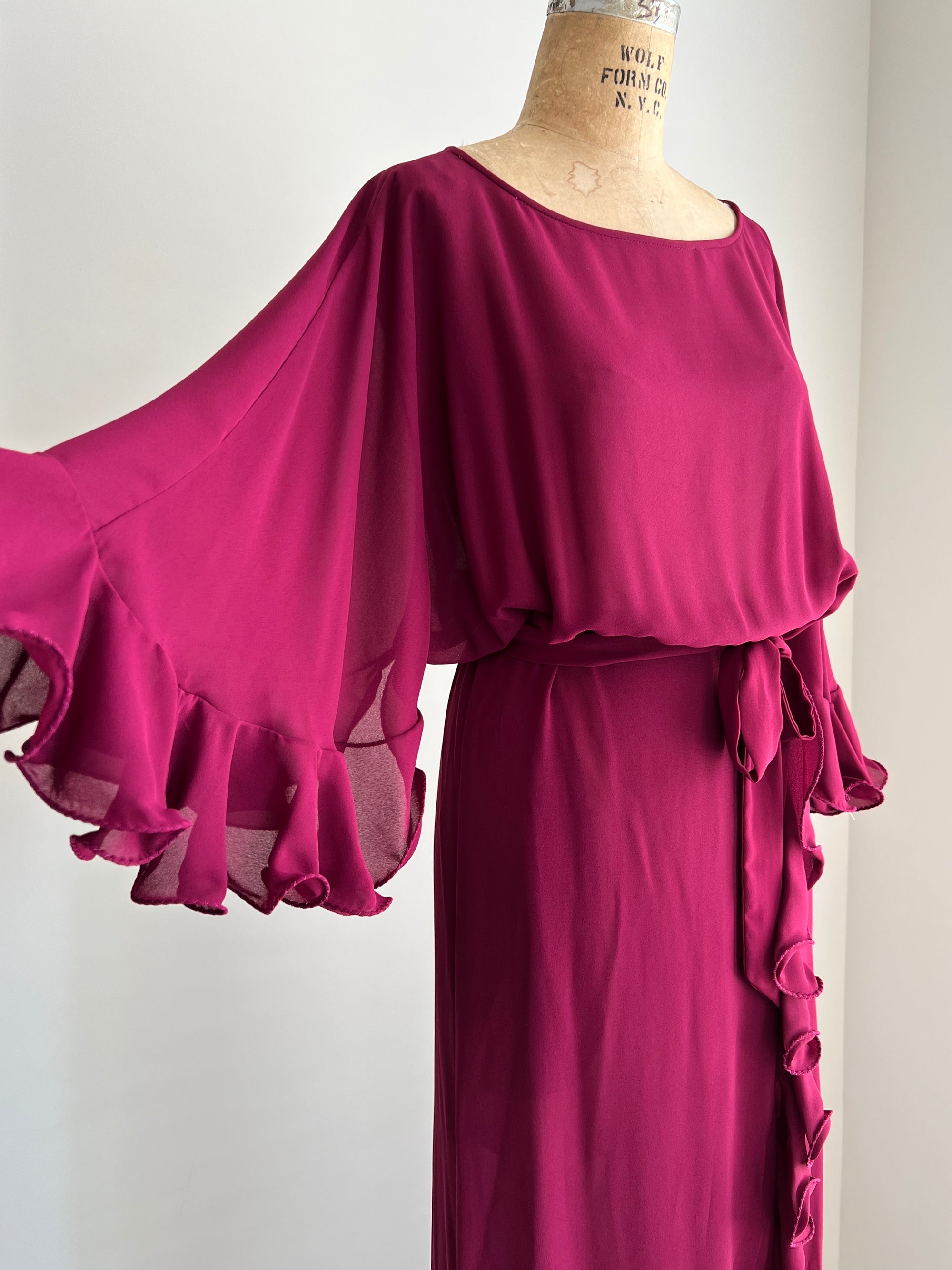 1970s Raspberry Flutter Sleeve Maxi Dress / Large