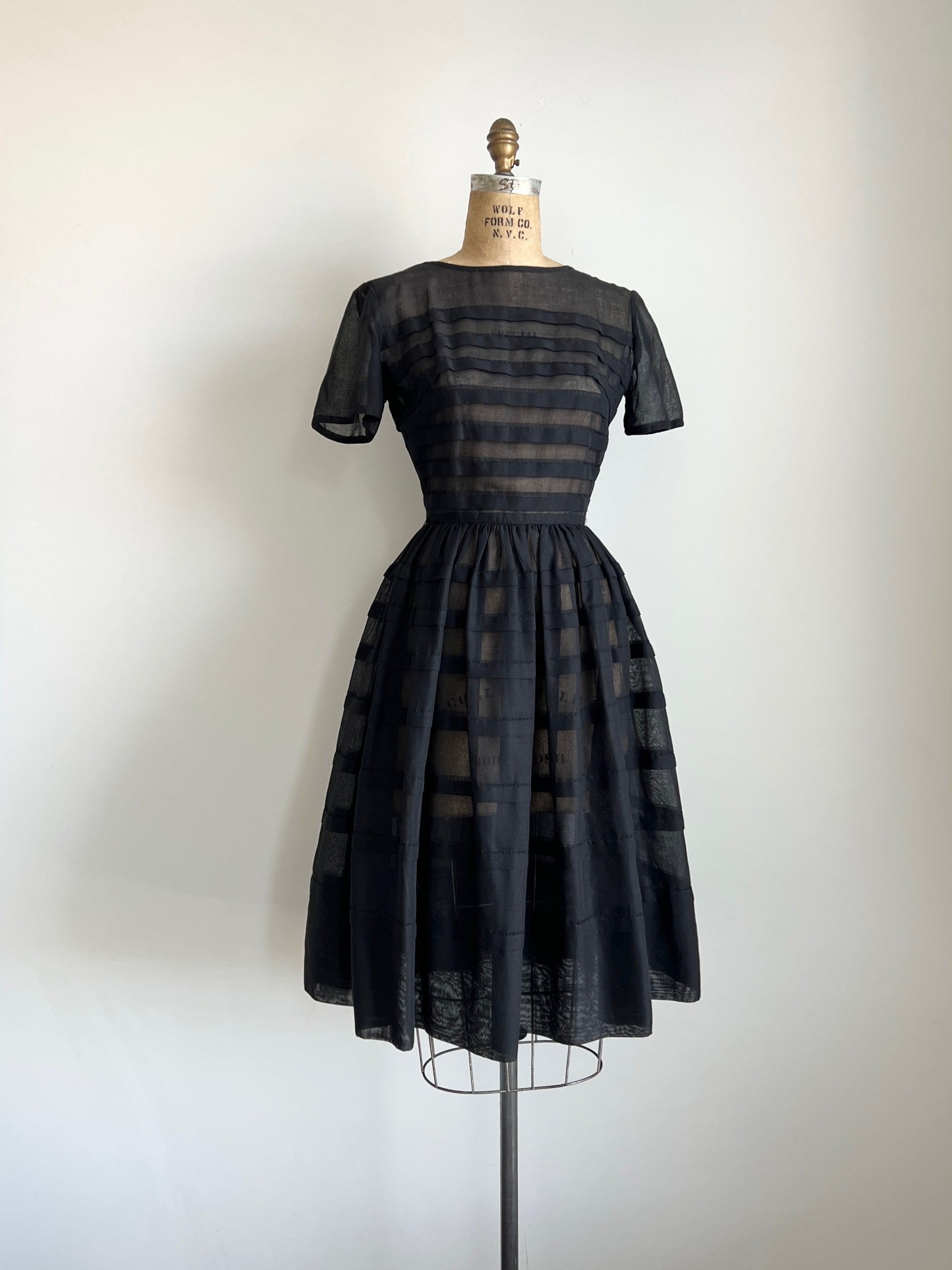 1950s Vintage Black Semi-Sheer Cotton Tucked Dress / Small