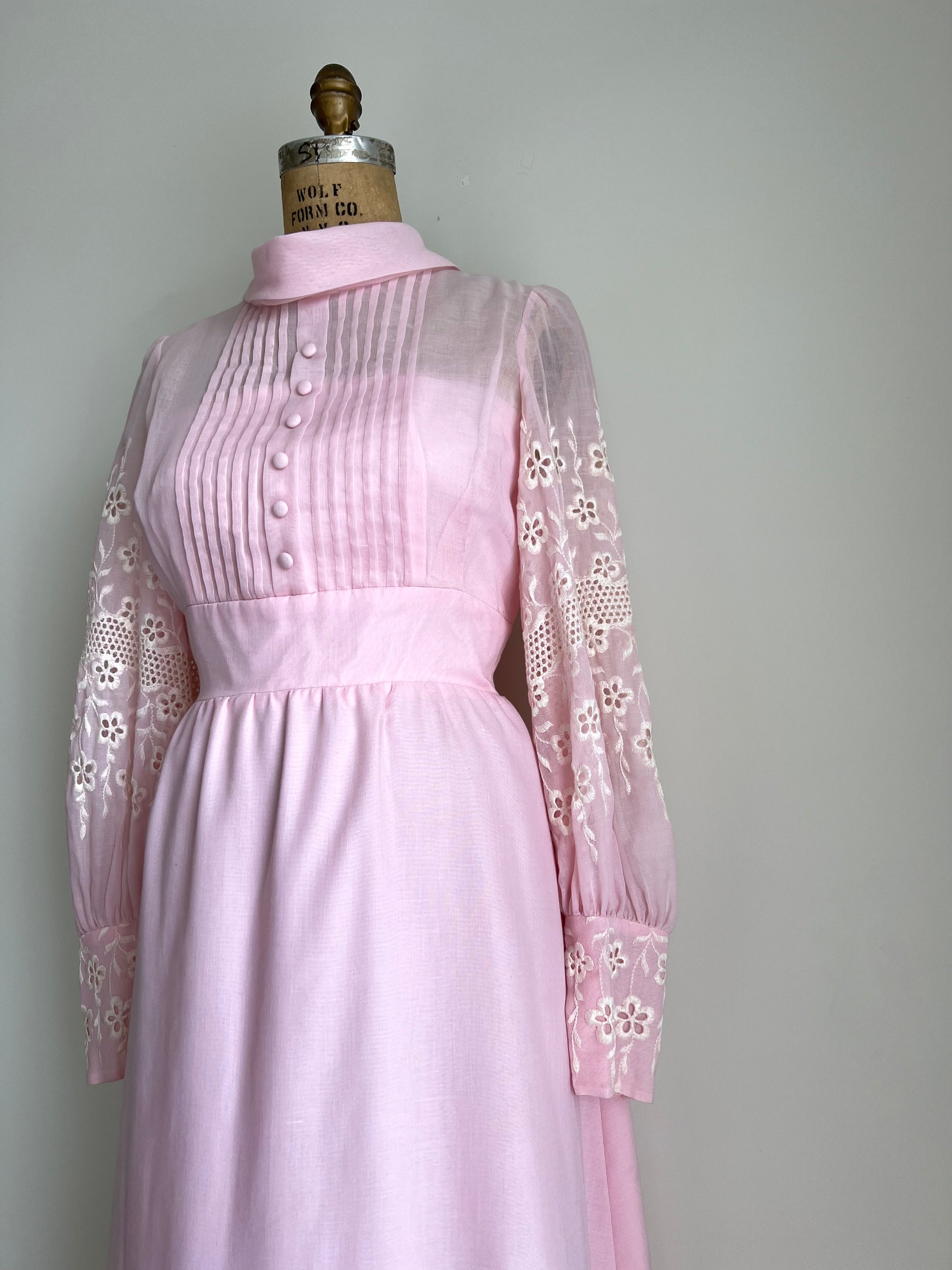1970s 70s Pink Maxi Embroidered Dress
