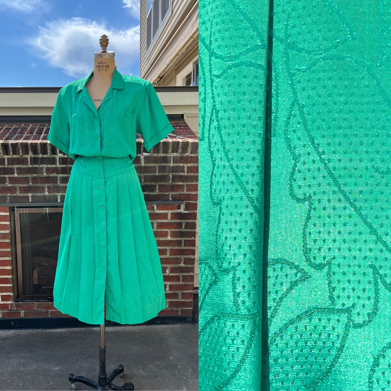 1980s 80s Vintage Michelle Stuart Kelly Green Embossed Dress / Medium