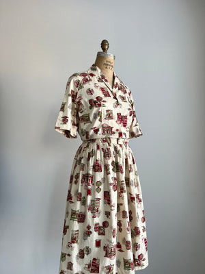 1950s 50s Cotton Novelty Print Dress M/L