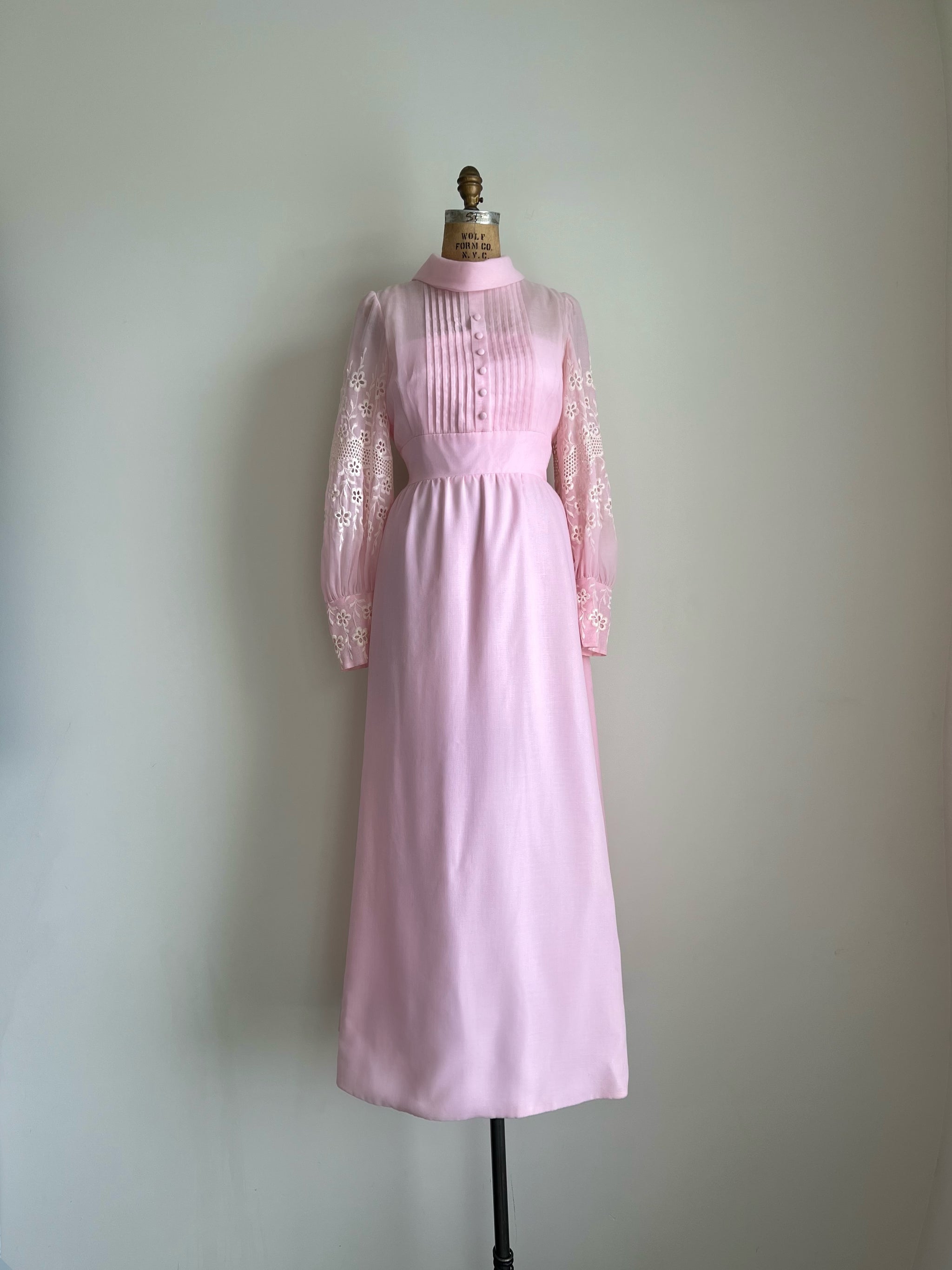1970s 70s Pink Maxi Embroidered Dress