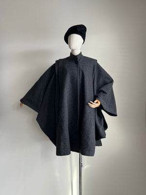 1980s 80s VIntage 100% Marino Wool Grey Cape Coat with Gorgeous Drapping