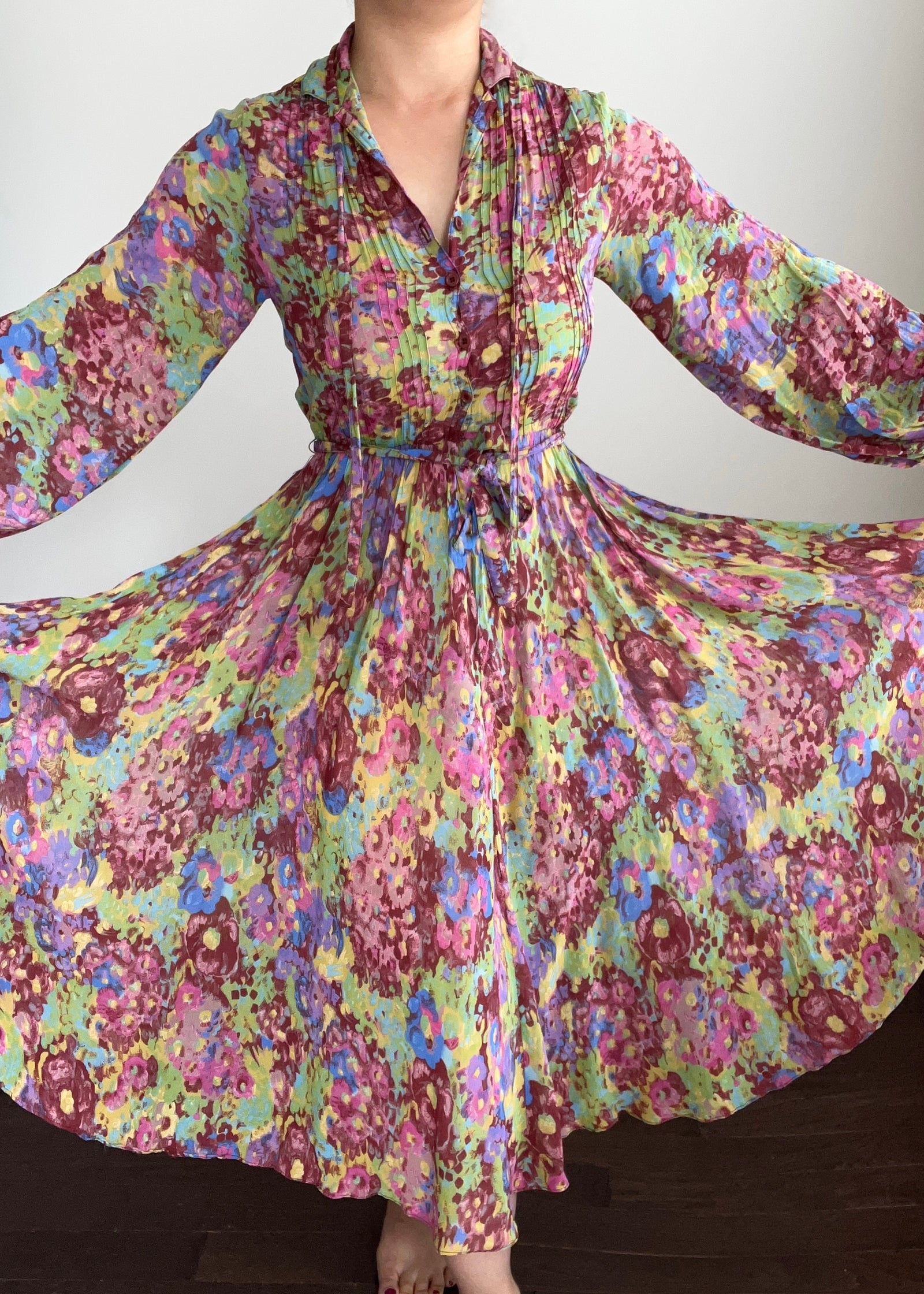 1970s Albert Nipon Semi-Sheer Mutil-Colored Floral Midi Dress / S-M-L