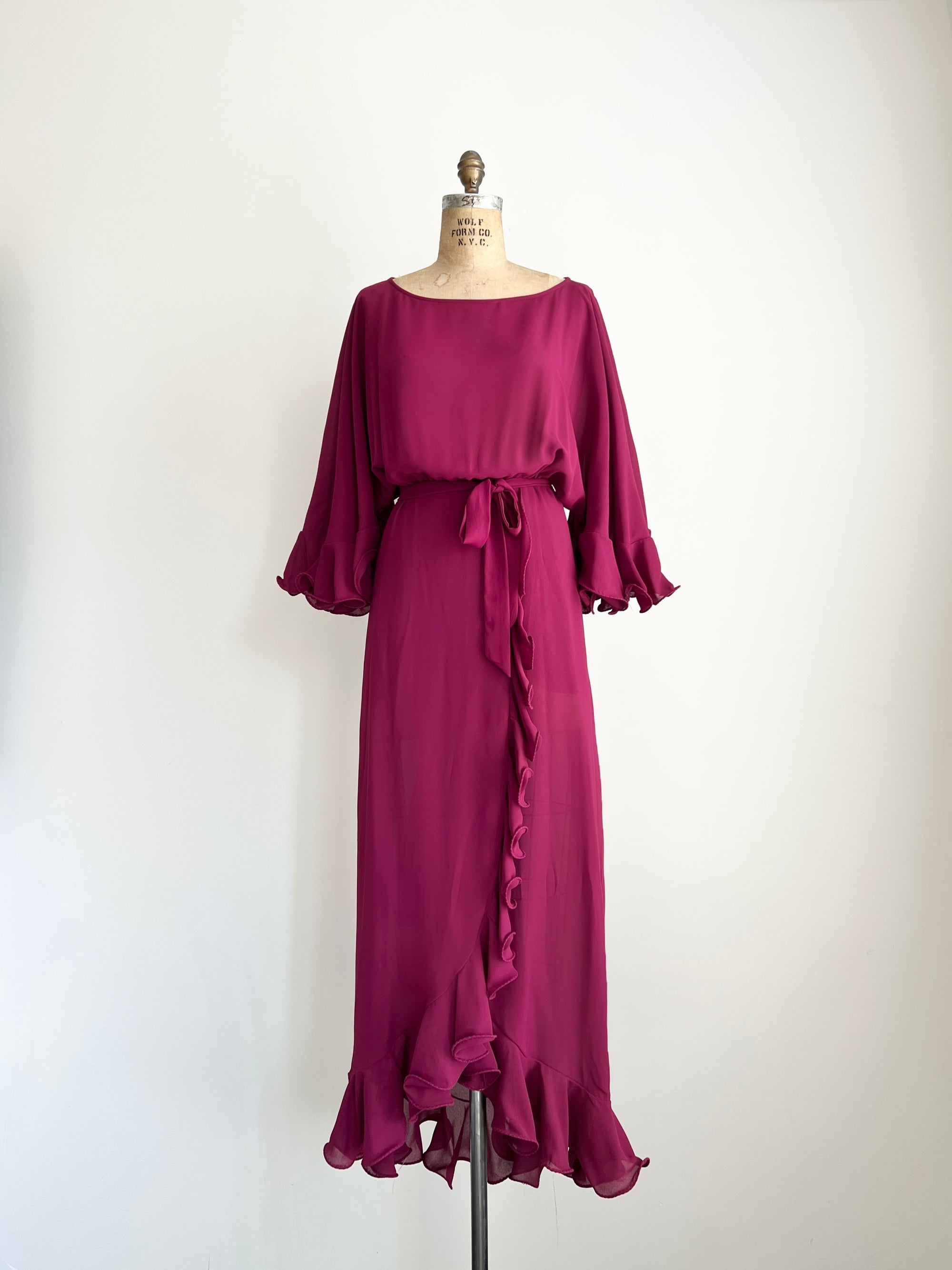 1970s Raspberry Flutter Sleeve Maxi Dress / Large