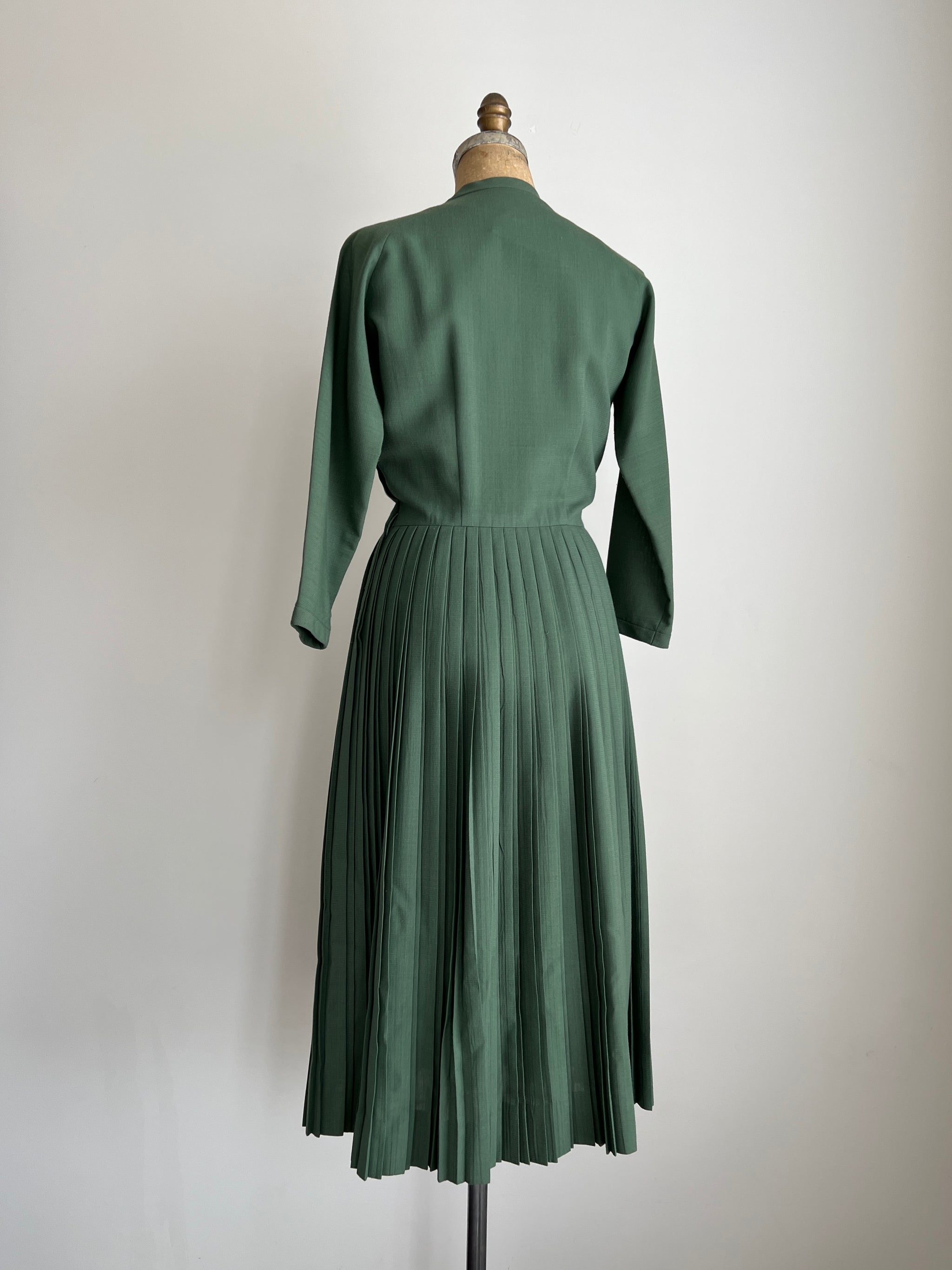 1960s midi dress Vintage 60s Dress M/L Green Floral Embroidery Lace Satin Ruffle Puff Sleeve Midi