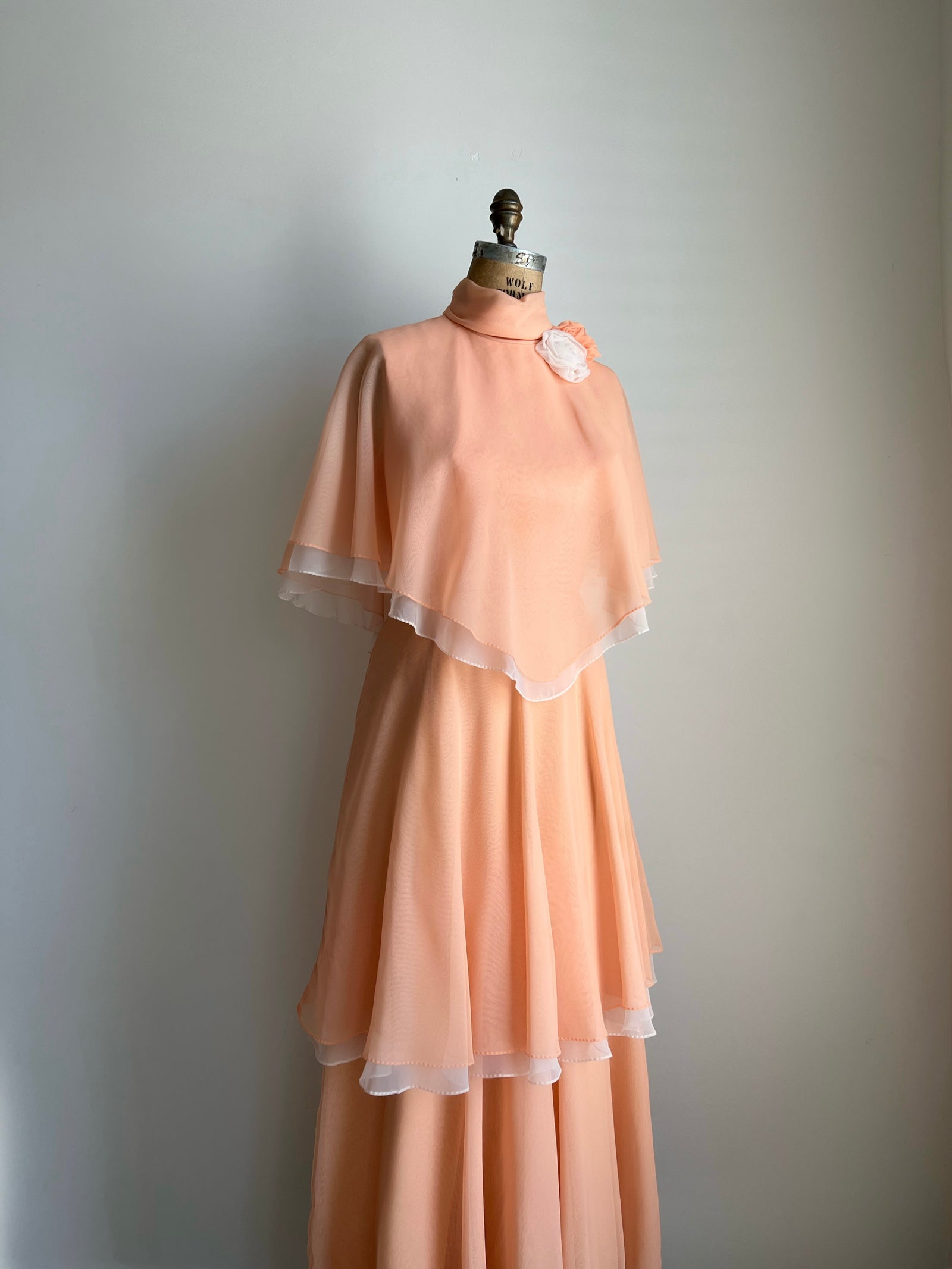 1960s 60s Miss Elliette Layed Caped Canteloupe Coral Chiffon Gown / Medium
