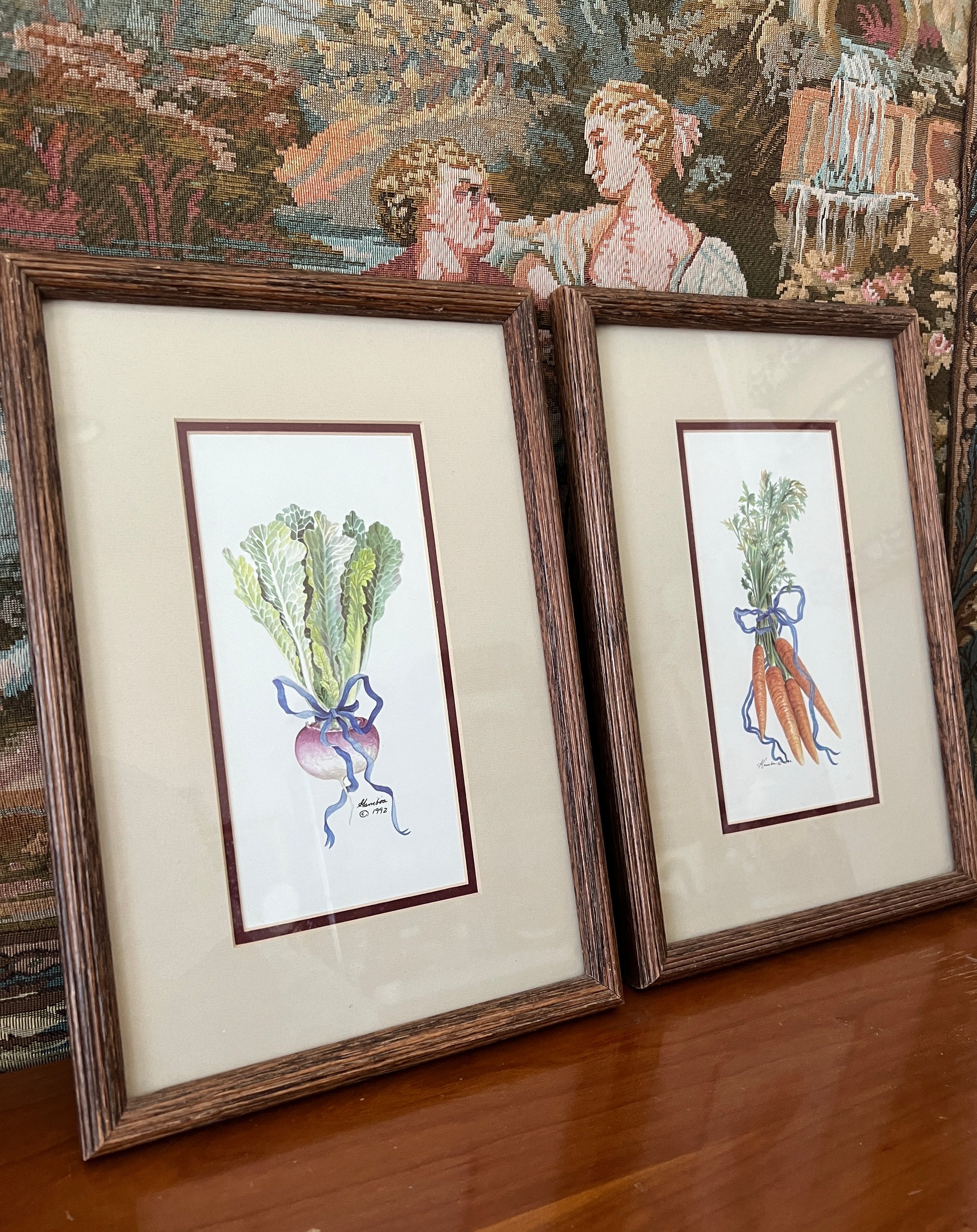 Vintage Set of Consuelo Gamboa Framed Prints Vegetable Turnip Carrots 1992 Signed