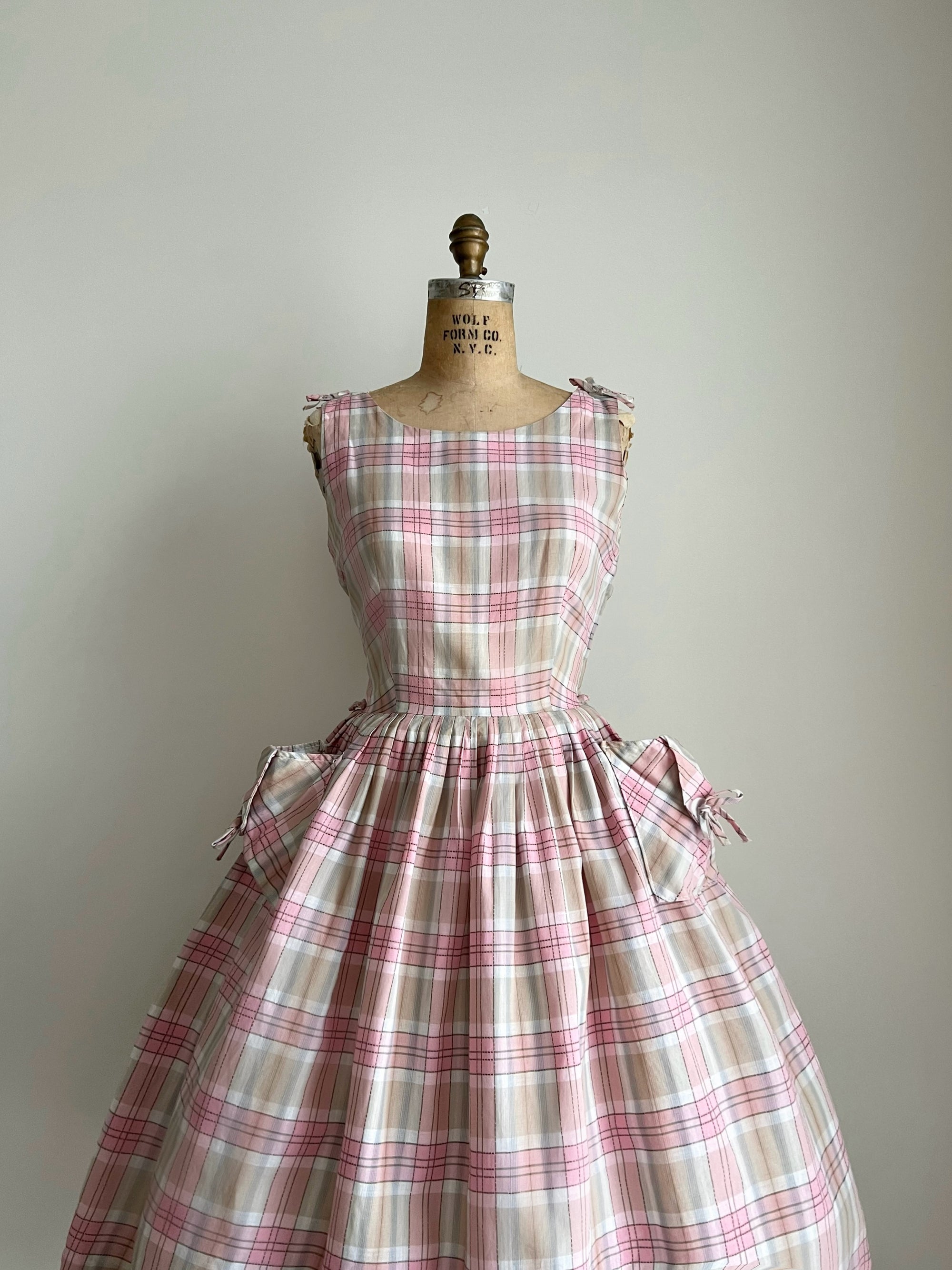 1950s 50s Pink Plaid Cotton Dress / Small-Medium