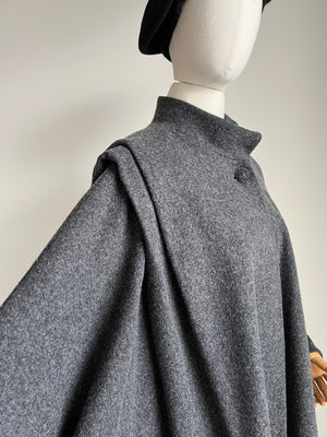 1980s 80s VIntage 100% Marino Wool Grey Cape Coat with Gorgeous Drapping