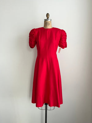 1980s 80s Vintage Maggie London by Jeannene Booher Classic Red 100% Silk Puff Sleeve Red Dress - DEADSTOCK - Medium