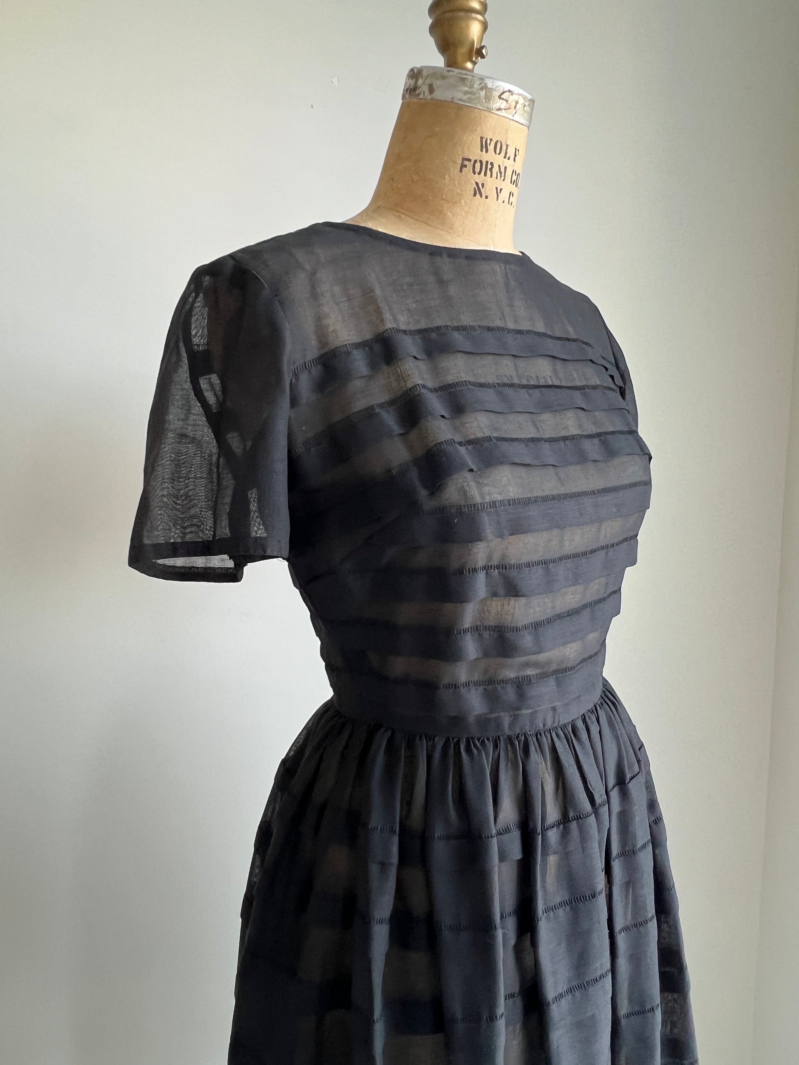 1950s Vintage Black Semi-Sheer Cotton Tucked Dress / Small