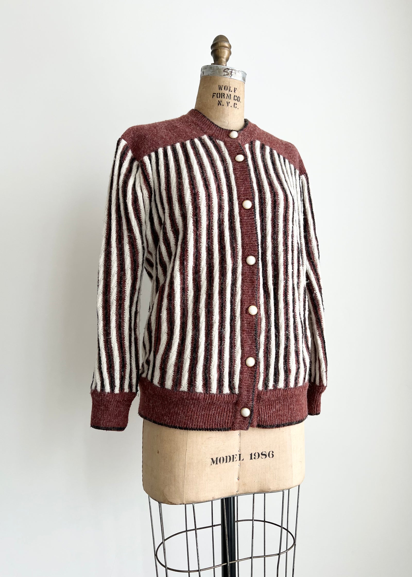 1970s 70s Ivory and Brown Striped Sweater Cardigan / Medium-Large