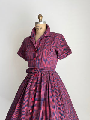 1950 50s Vintage Plaid Dress with Matching Belt / Large