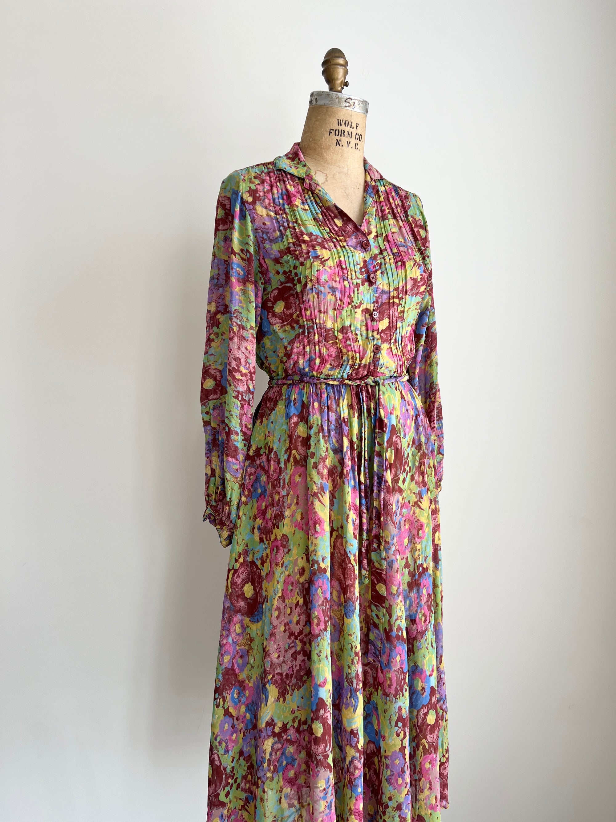 1970s Albert Nipon Semi-Sheer Mutil-Colored Floral Midi Dress / S-M-L
