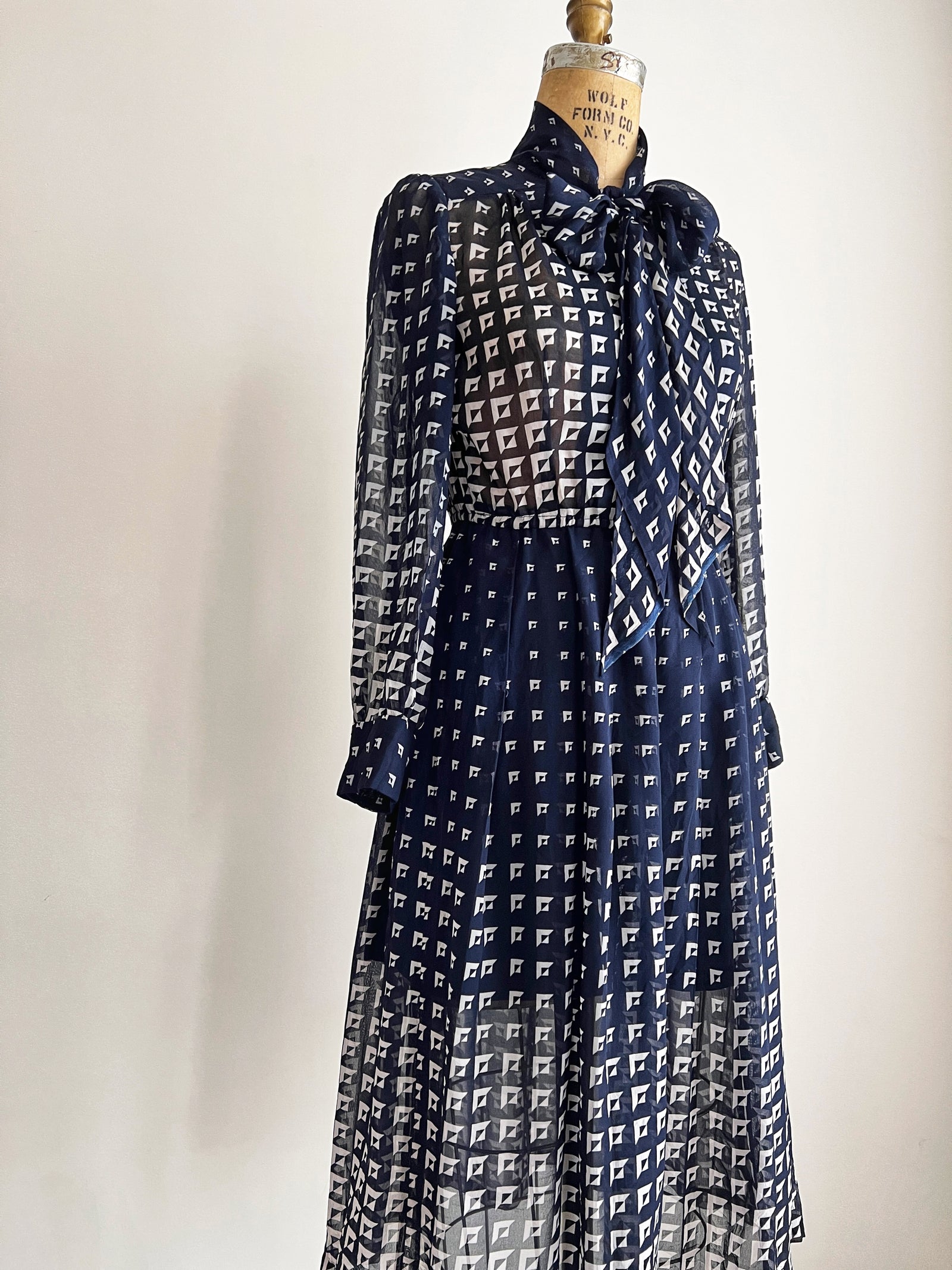 1970s Navy Blue Semi-Sheer Midi Dress / Small-Medium