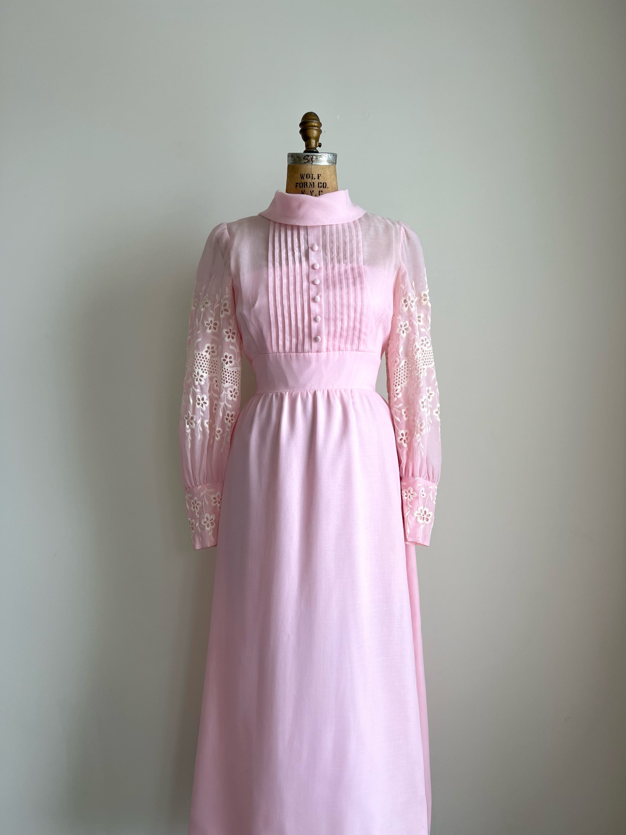 1970s 70s Pink Maxi Embroidered Dress