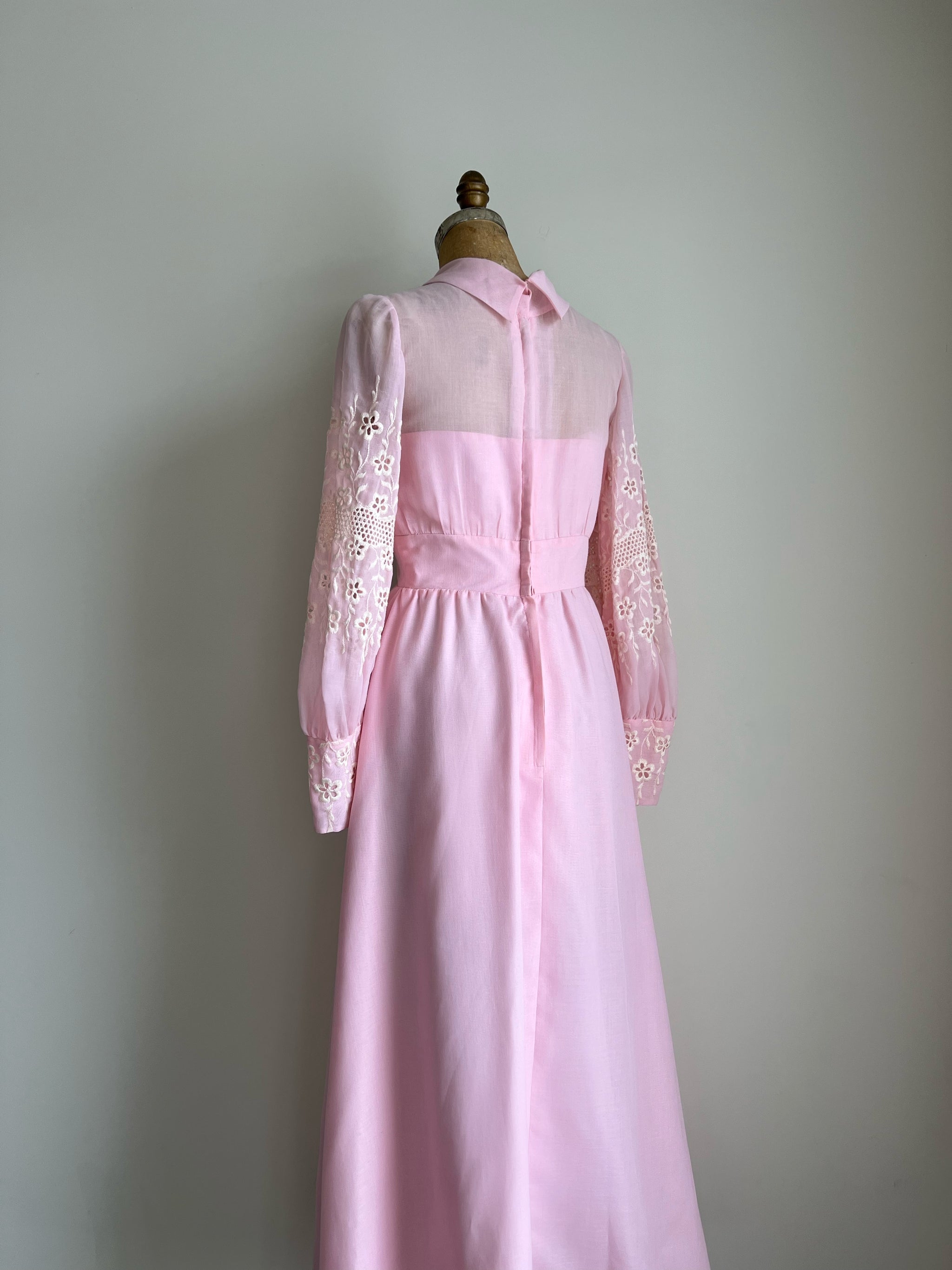 1970s 70s Pink Maxi Embroidered Dress - Maiden Posh 1970s 70s Pink Maxi Embroidered Dress - Maiden Posh