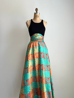 1970s 70s Vintage Long Maxi Skirt with Matching Belt and Scarf