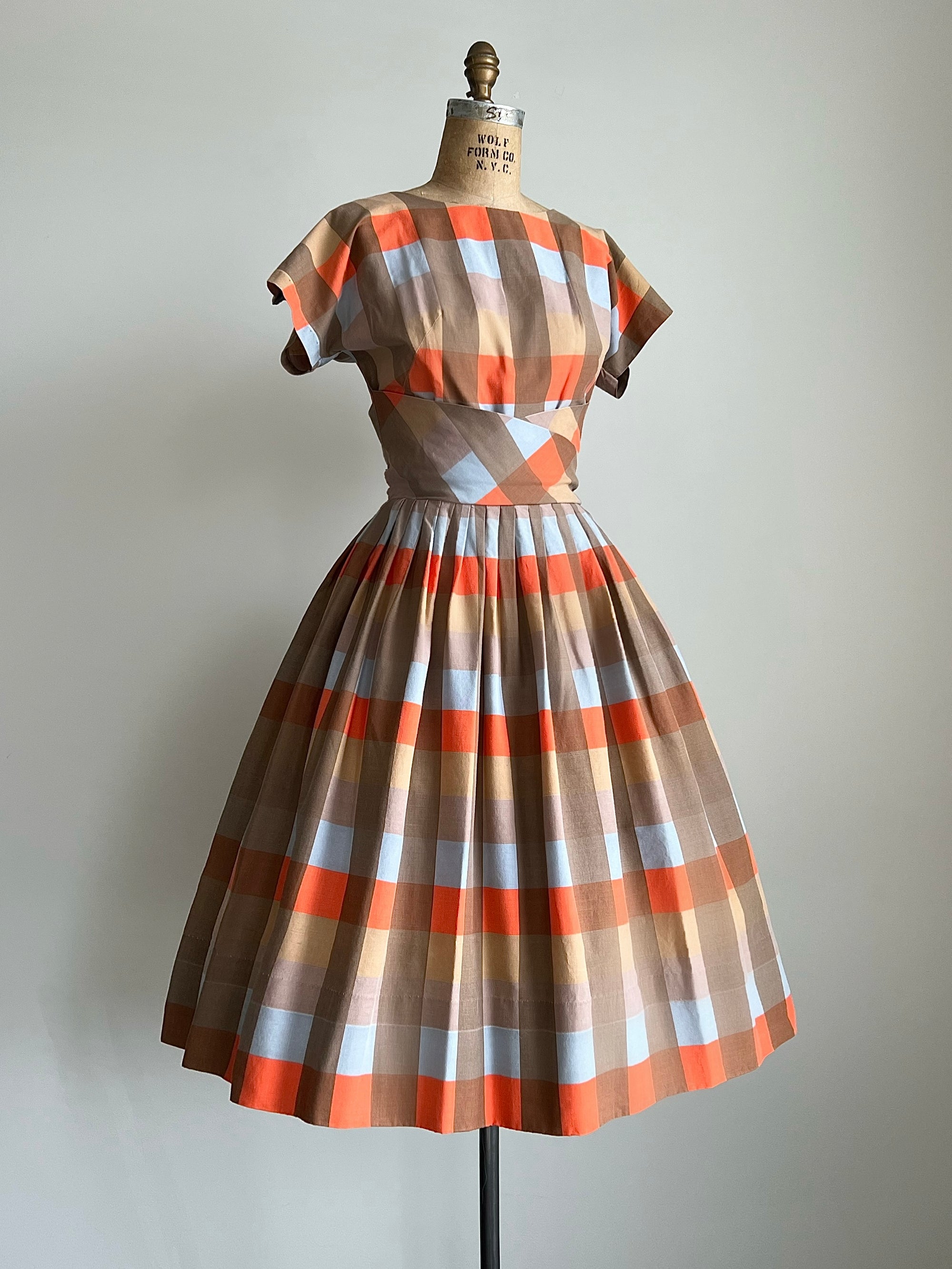 1950s 50s Cotton Checkered Dress / MEDIUM