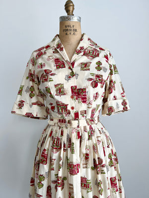 1950s 50s Cotton Novelty Print Dress M/L