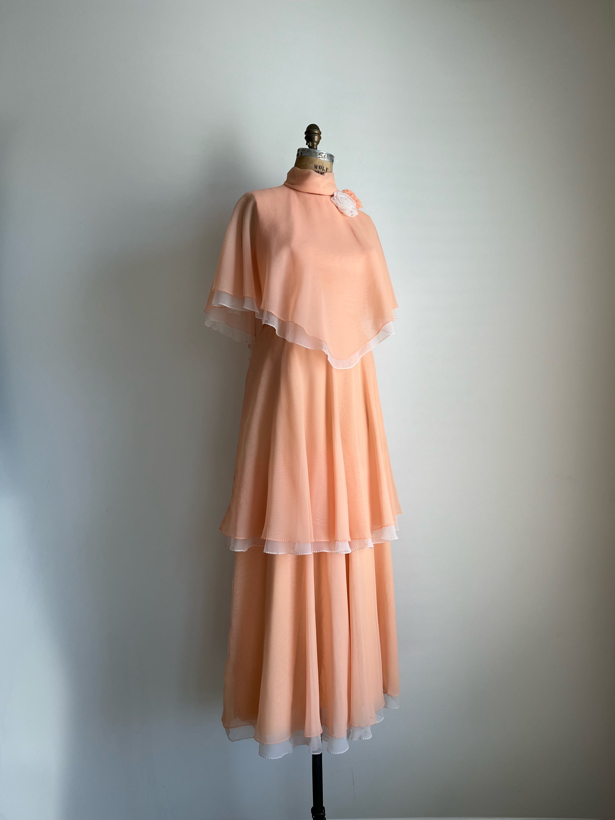 1960s 60s Miss Elliette Layed Caped Canteloupe Coral Chiffon Gown / Medium