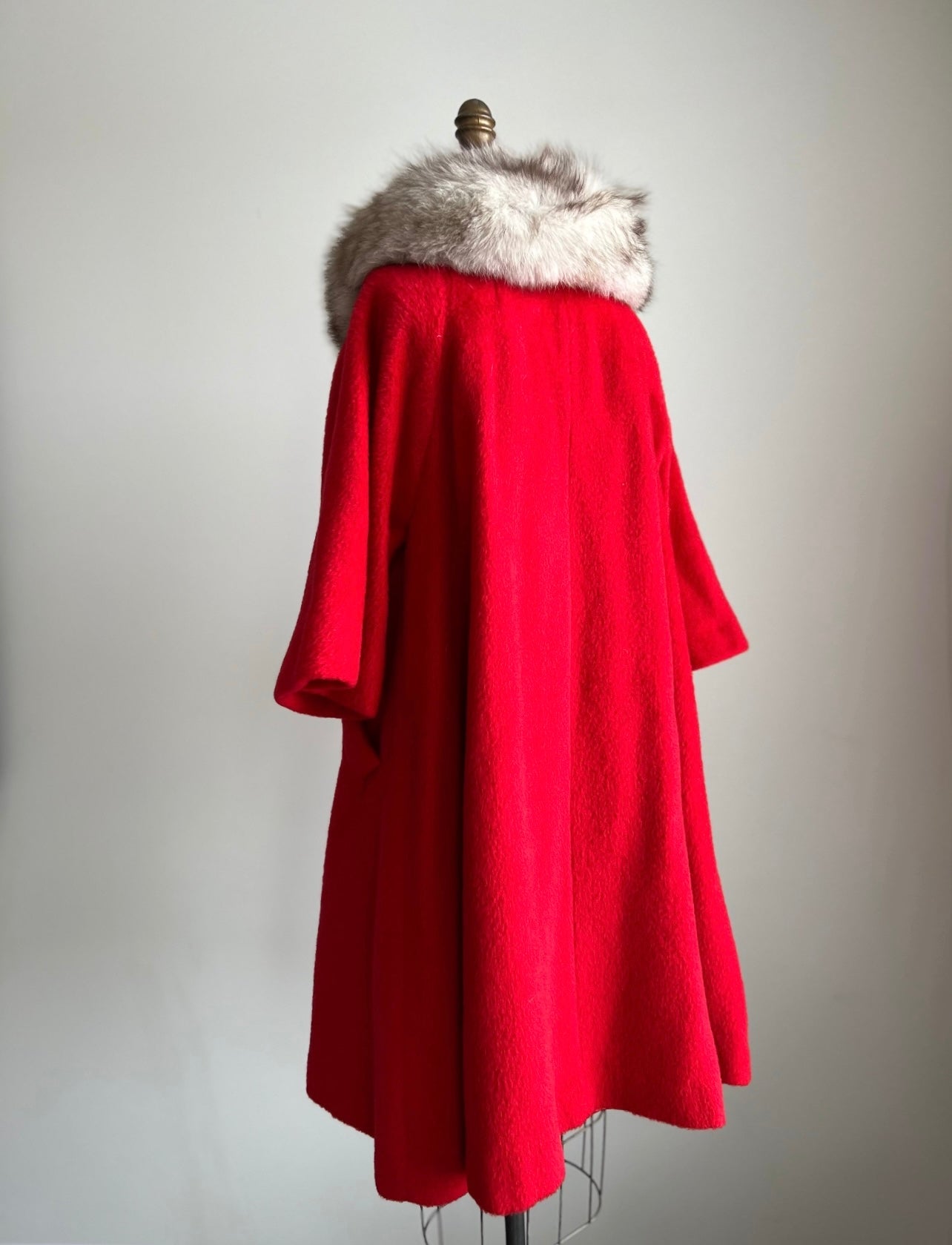 1960s 60s Vintage Lilli Ann Cherry Red Swing Coat with Mohair Fox Fur S/M/L