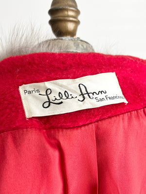 1960s 60s Vintage Lilli Ann Cherry Red Swing Coat with Mohair Fox Fur S/M/L