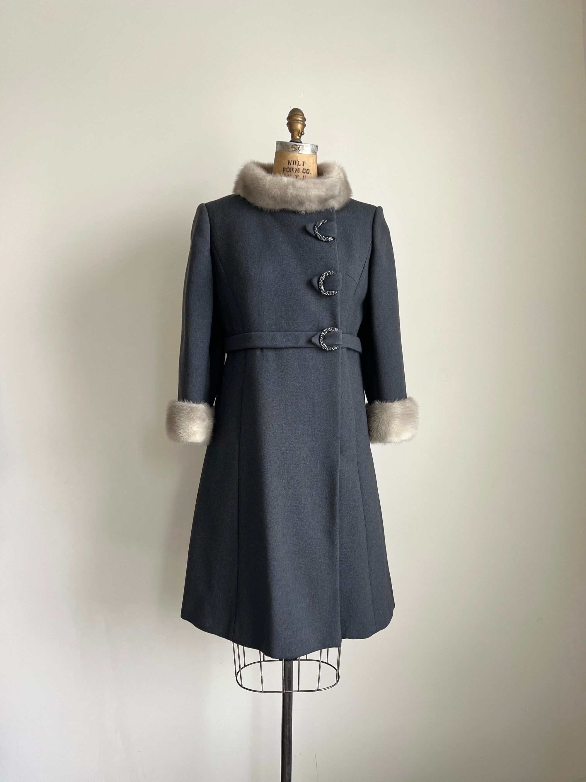 1960s 60s Vintage Stegar 100% Wool Mink Collar Grey Coat with Belted Jewel Rhinstone Buttons / Medium-Large