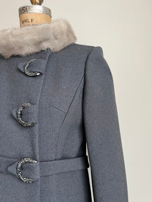 1960s 60s Vintage Stegar 100% Wool Mink Collar Grey Coat with Belted Jewel Rhinstone Buttons / Medium-Large