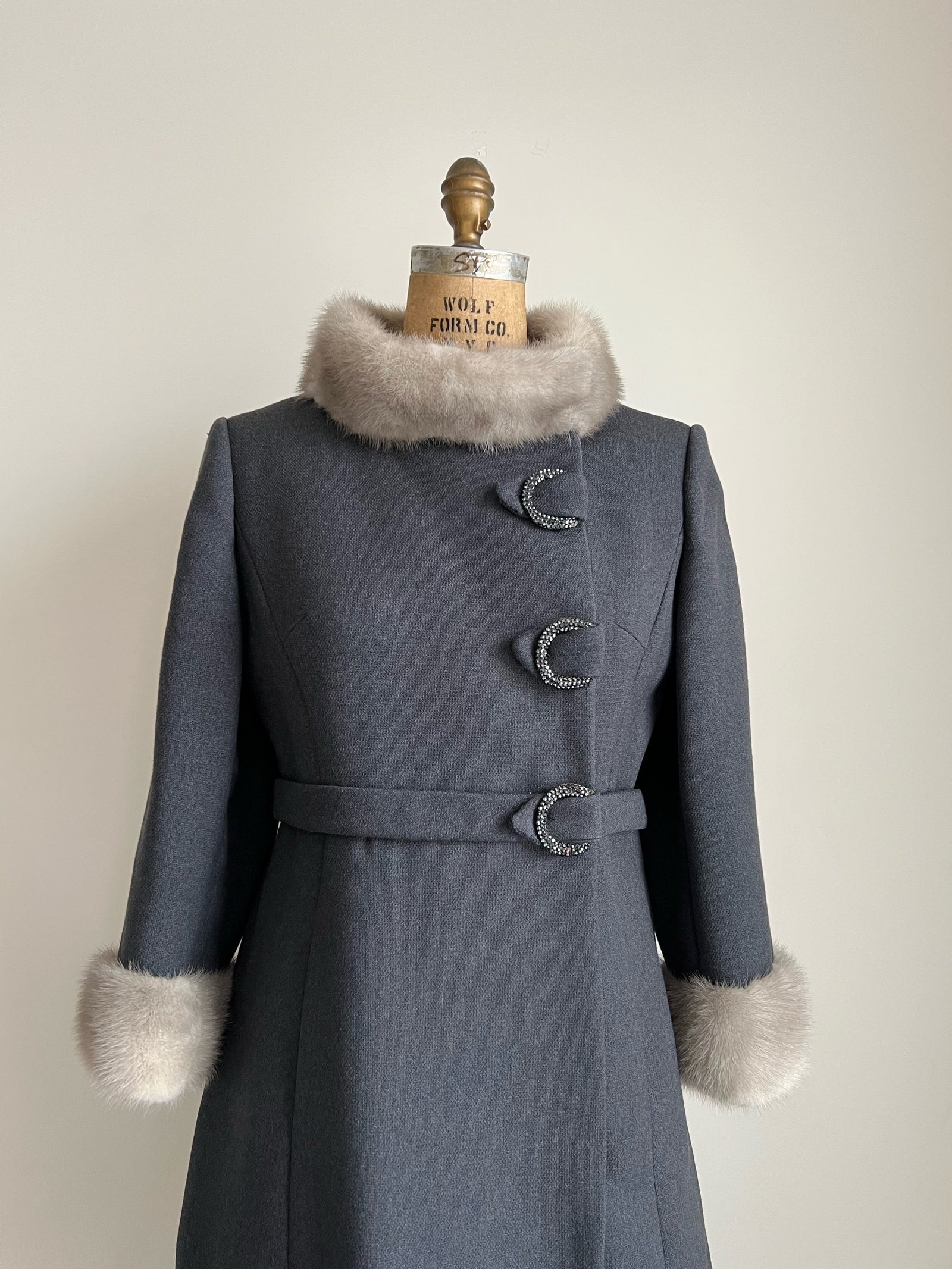1960s 60s Vintage Stegar 100% Wool Mink Collar Grey Coat with Belted Jewel Rhinstone Buttons / Medium-Large