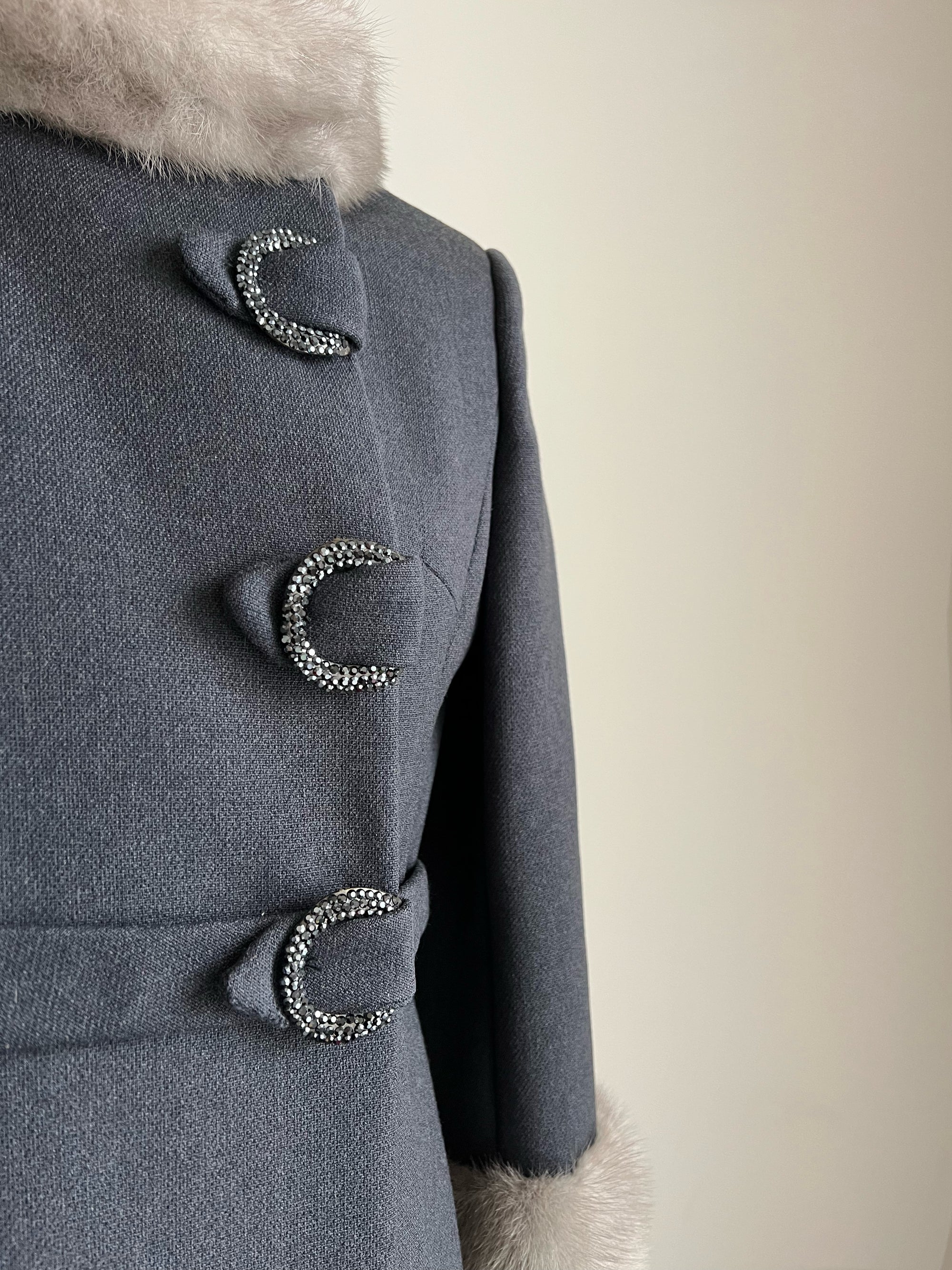 1960s 60s Vintage Stegar 100% Wool Mink Collar Grey Coat with Belted Jewel Rhinstone Buttons / Medium-Large