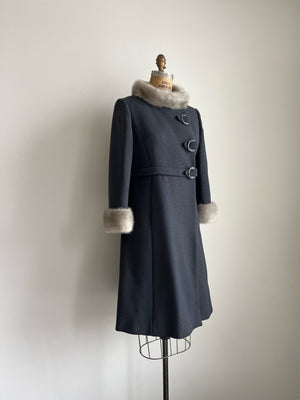 1960s 60s Vintage Stegar 100% Wool Mink Collar Grey Coat with Belted Jewel Rhinstone Buttons / Medium-Large