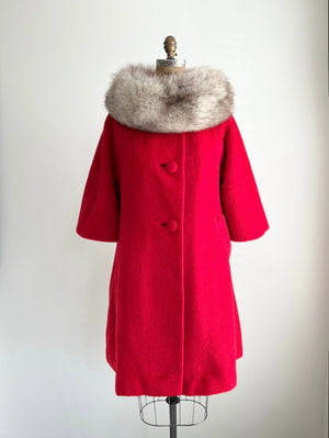 1960s 60s Vintage Lilli Ann Cherry Red Swing Coat with Mohair Fox Fur S/M/L