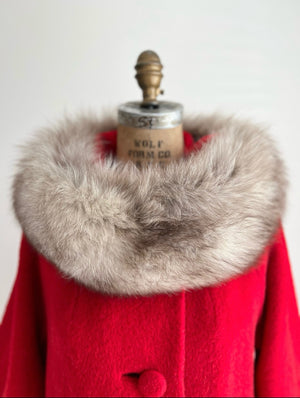 1960s 60s Vintage Lilli Ann Cherry Red Swing Coat with Mohair Fox Fur S/M/L