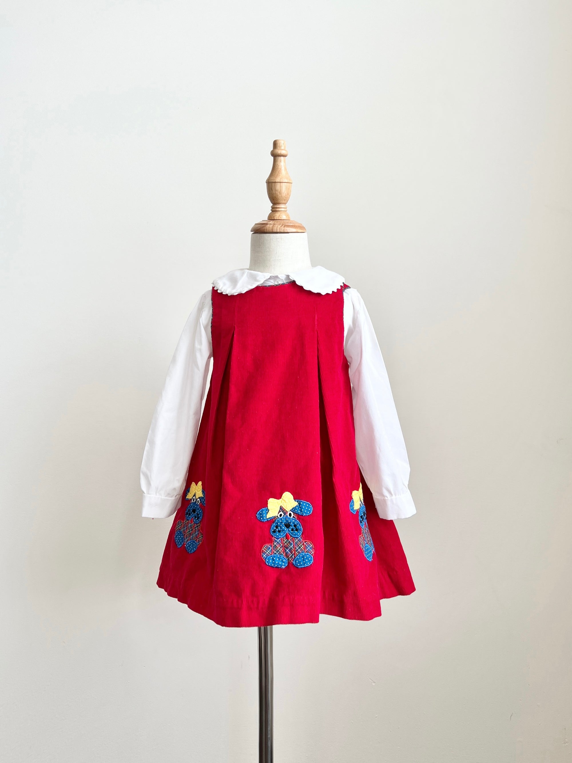 Vintage Corduroy Girls Red Dress with Dog Appliqué and Peter Pan Collar Blouse 3T