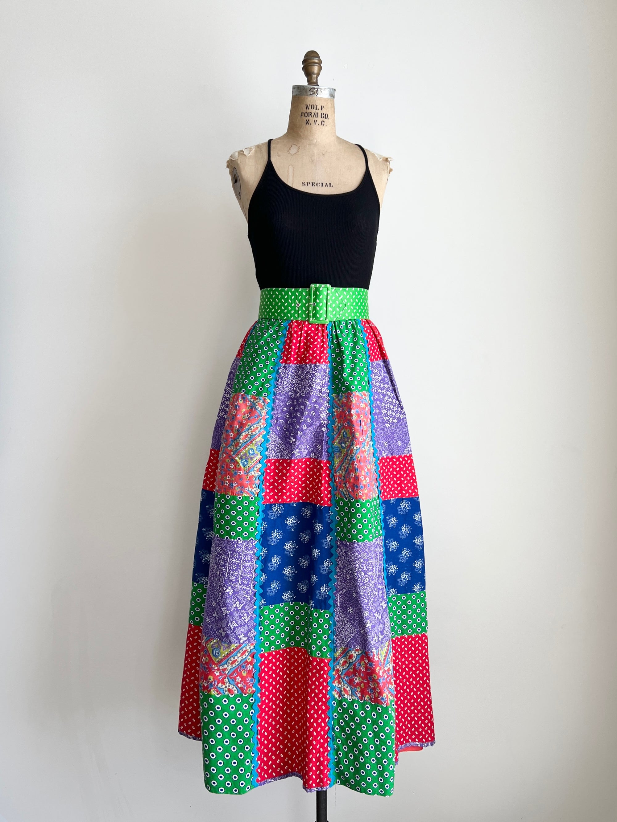 1970s Patchwork Maxi Skirt with Belt