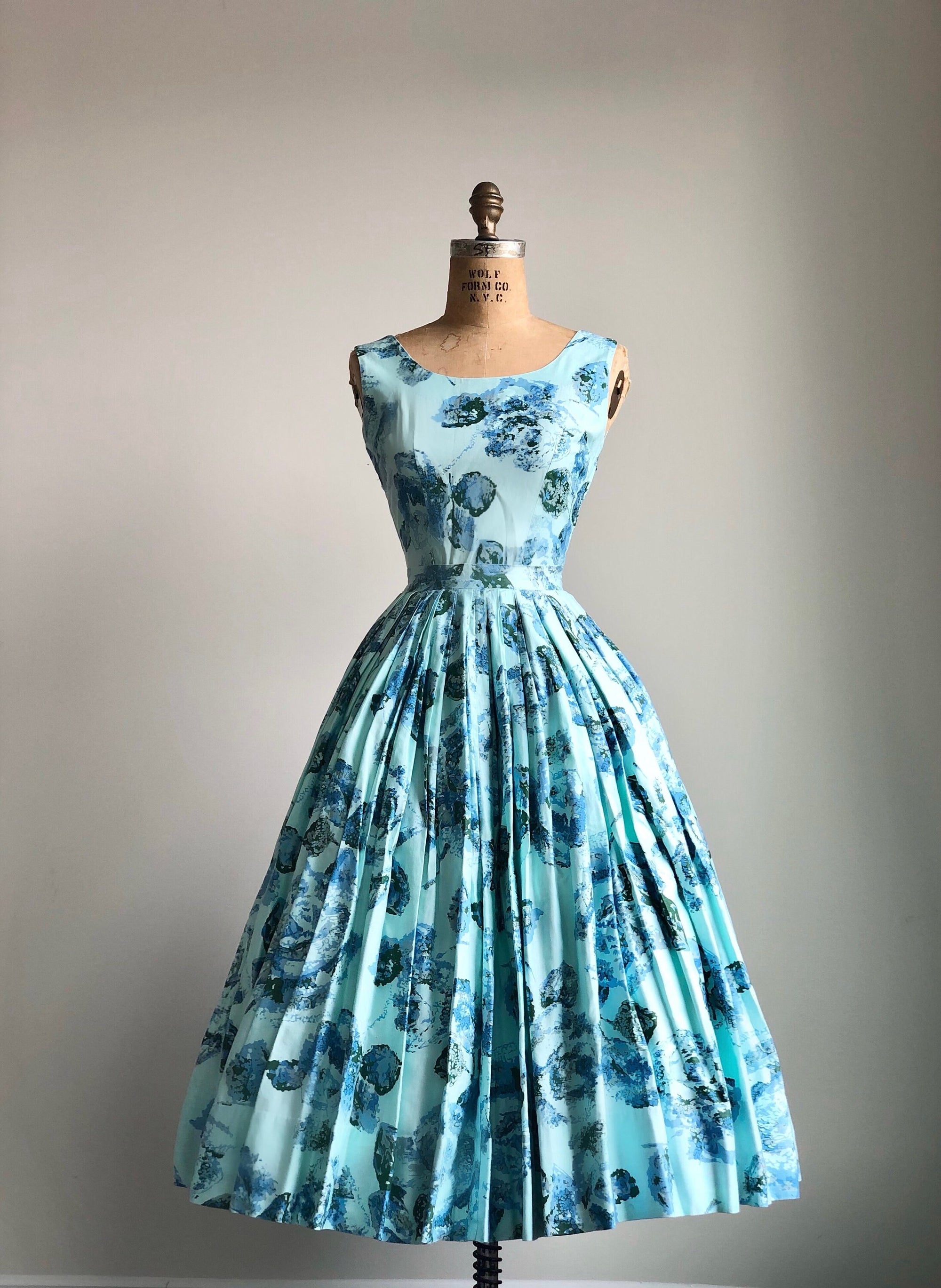 1950s Blue Rose Garden Print 2 Piece Dress Set XS