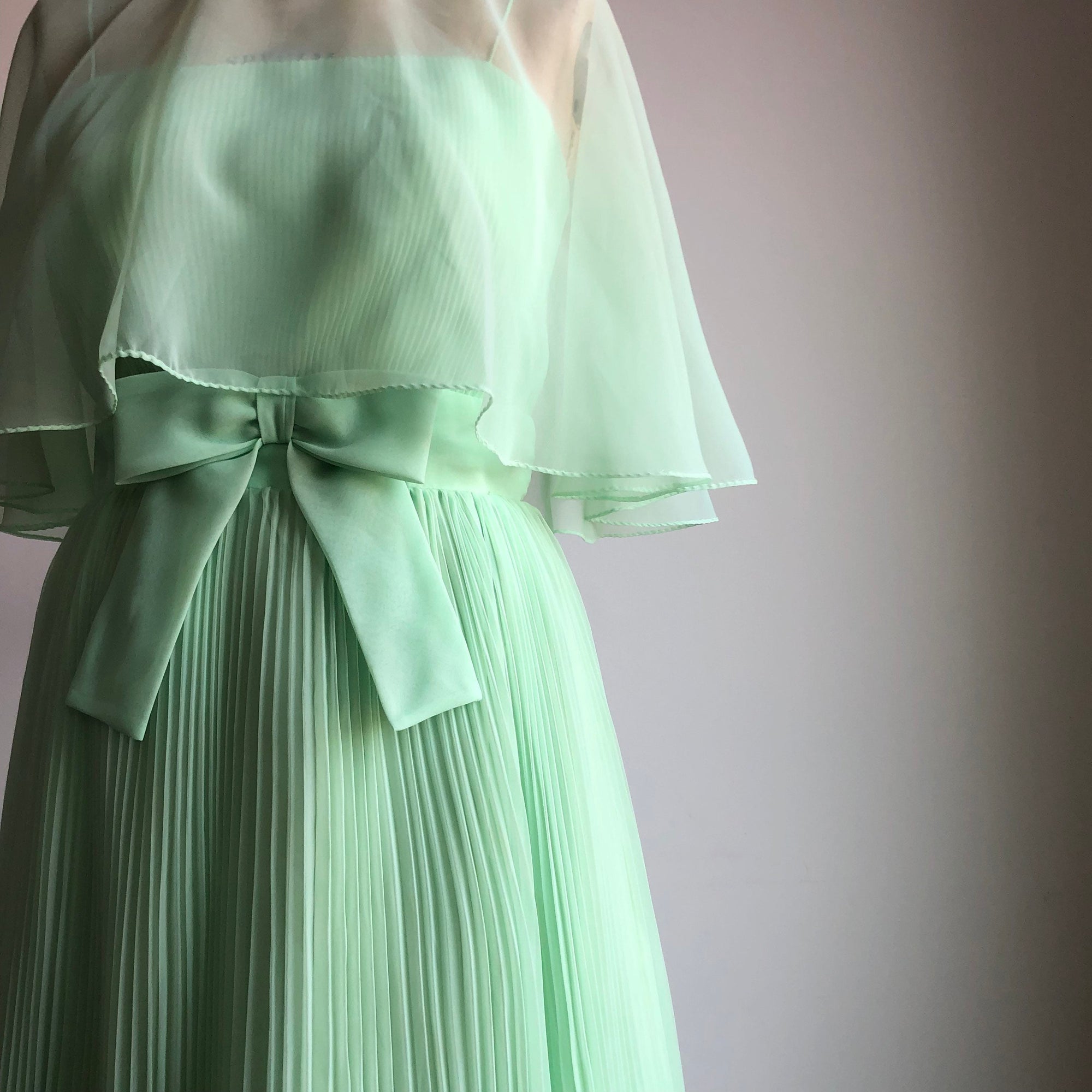1960s Vintage Mint Chiffon Gown Dress with Matching Cape Poncho M/L