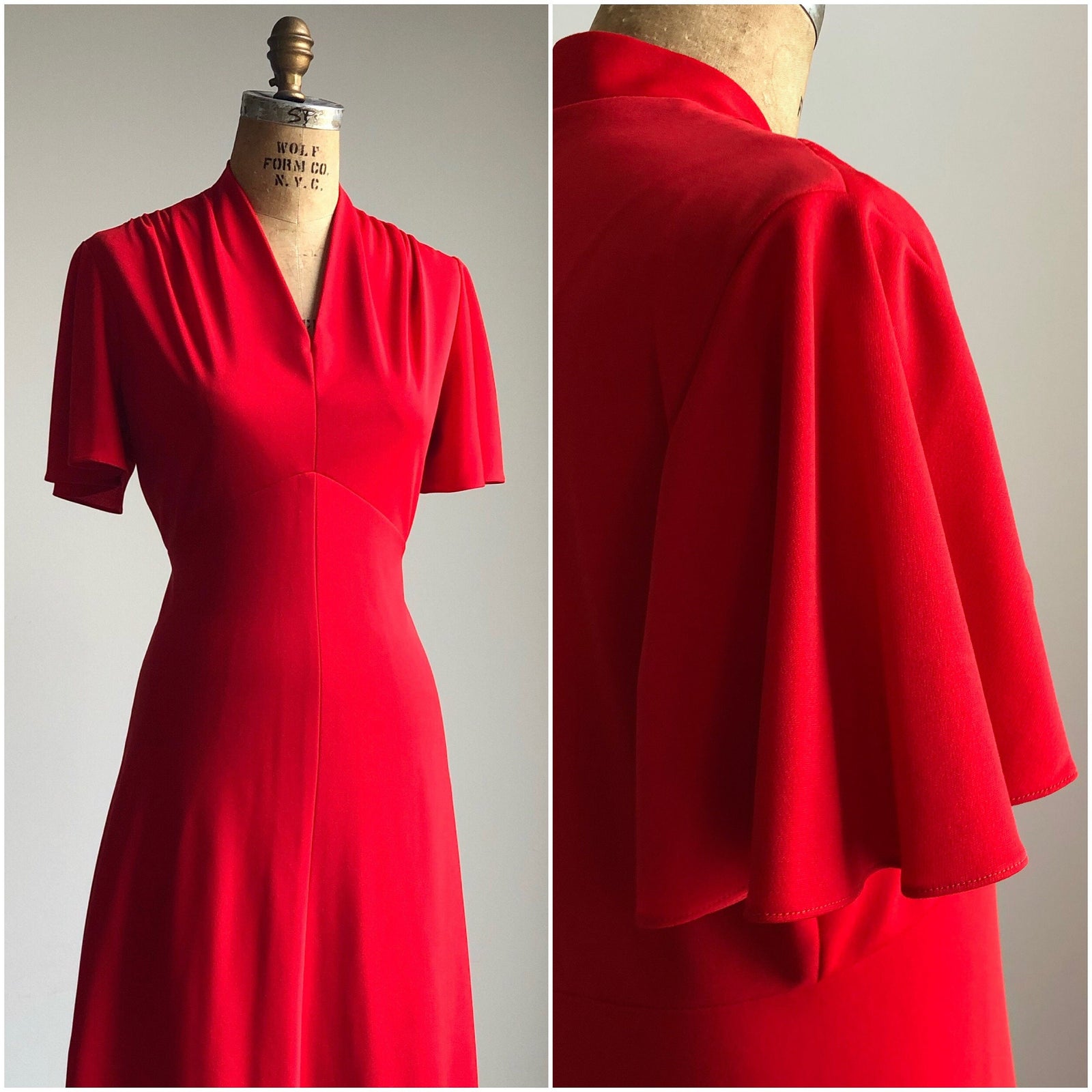 1970s Vintage Red Valentines Flutter Sleeve Maxi Long Dress LARGE