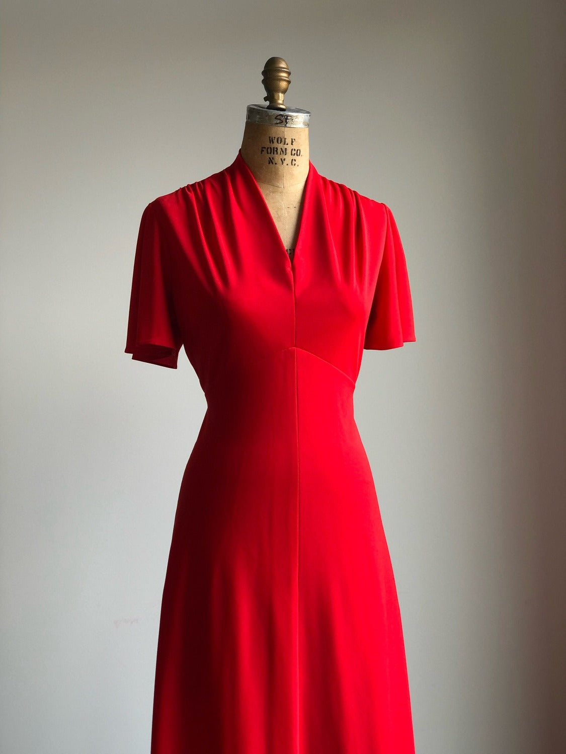 1970s Vintage Red Valentines Flutter Sleeve Maxi Long Dress LARGE